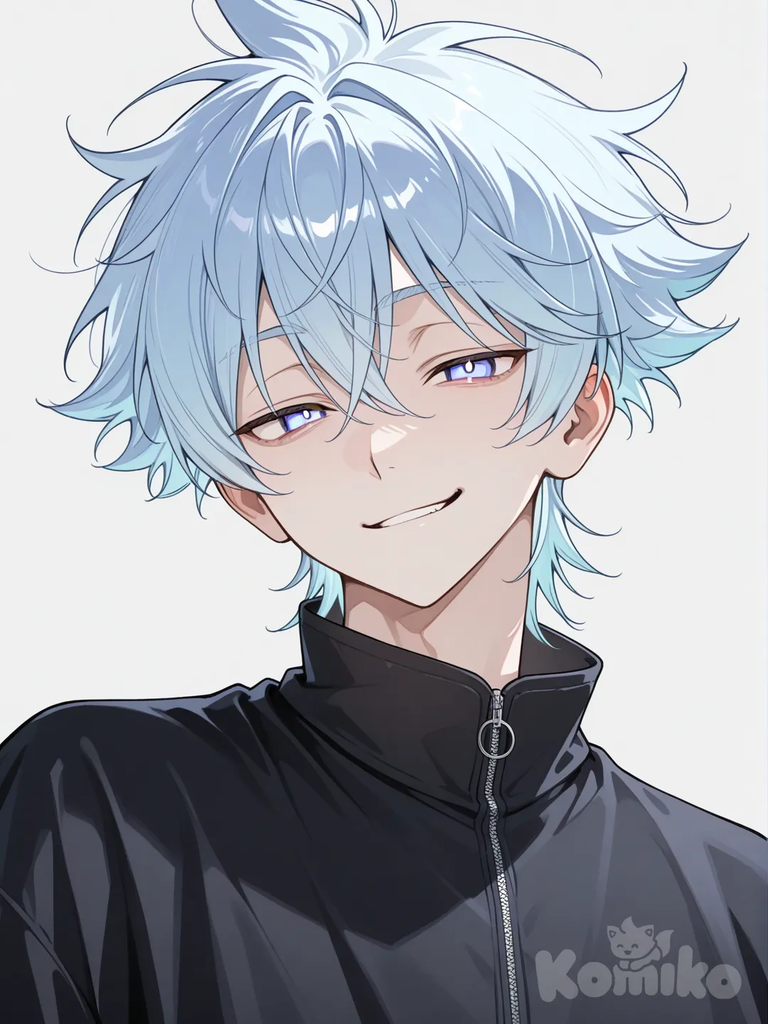 1boy, height 6'0, weight 150, white eyes, light blue hair, black zip-up shirt, short spiky with choppy bangs that hang over his eyebrows, smirk