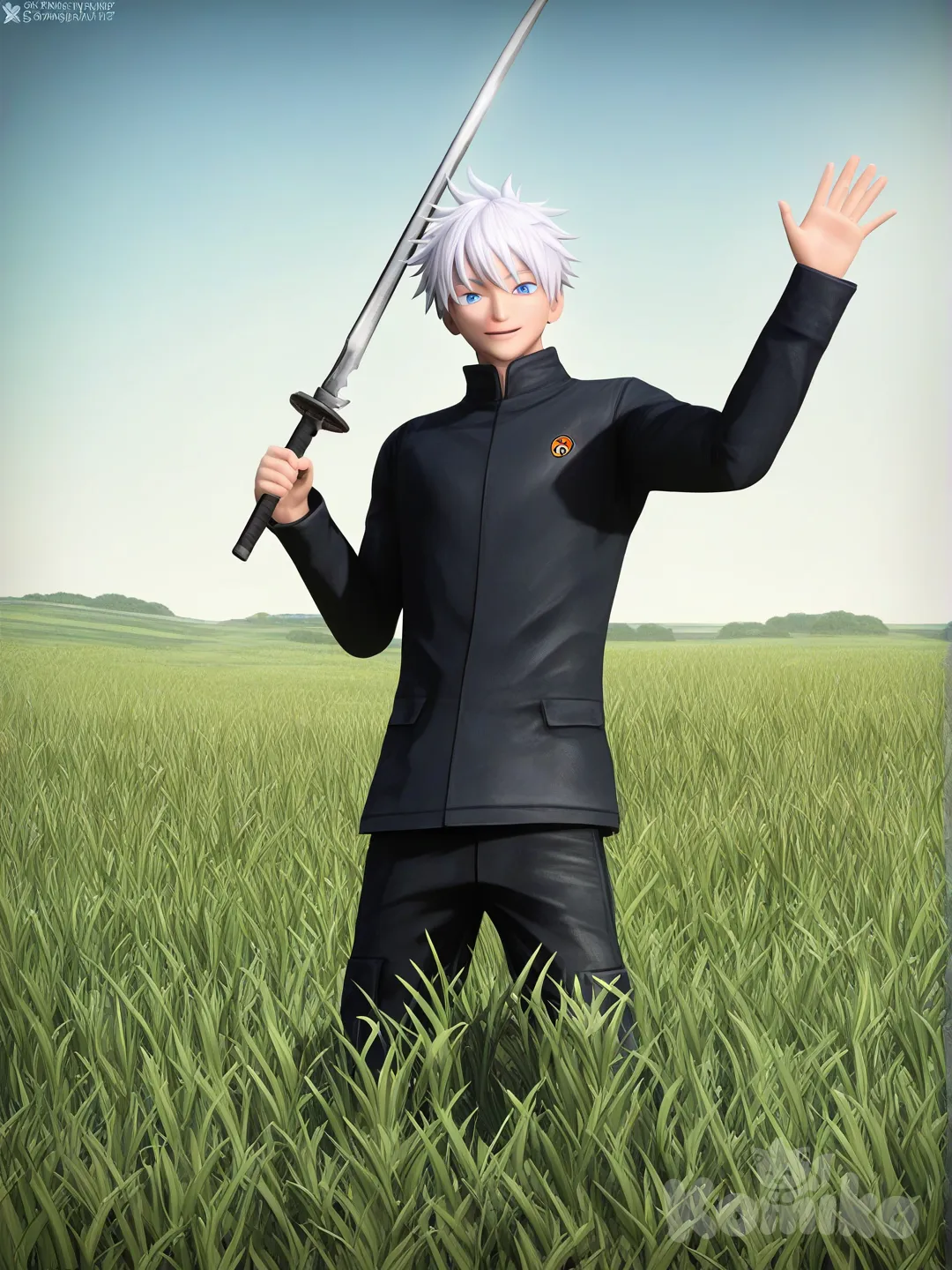 [mmd-style], Gojou Satoru, holding sword, waving, smile, grassland