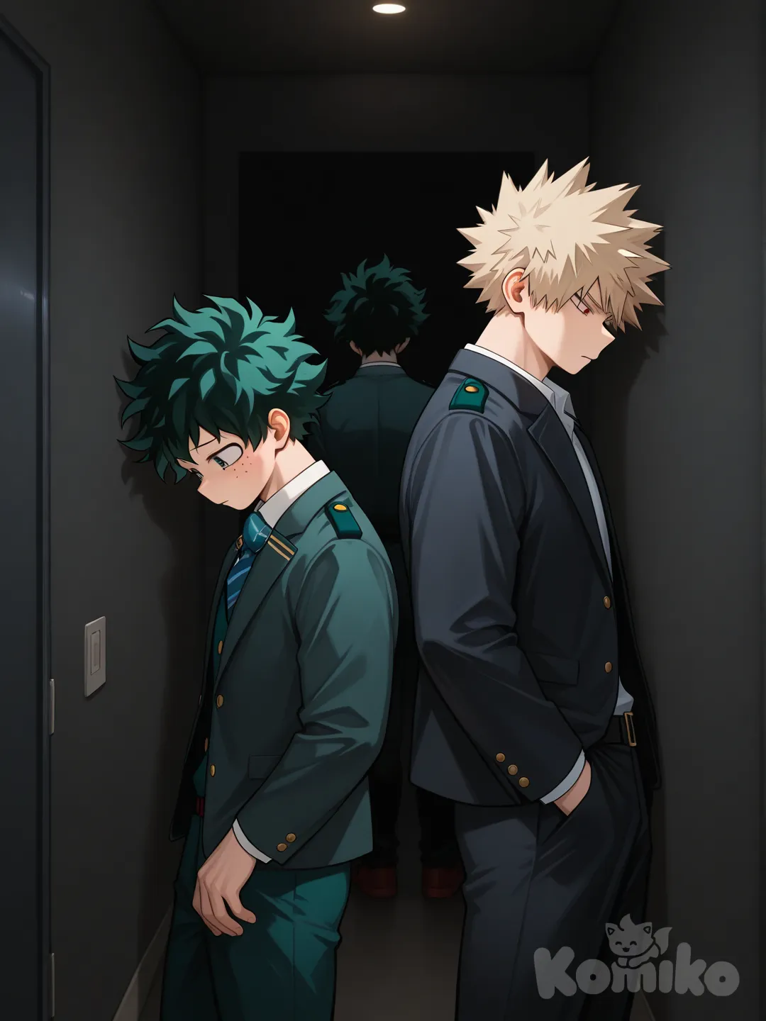 @Bakugou_Katsuki, @Midoriya_Izuku, back to back in separate places against the wall , both looking down, one side of the room dark, other side of the room dark
