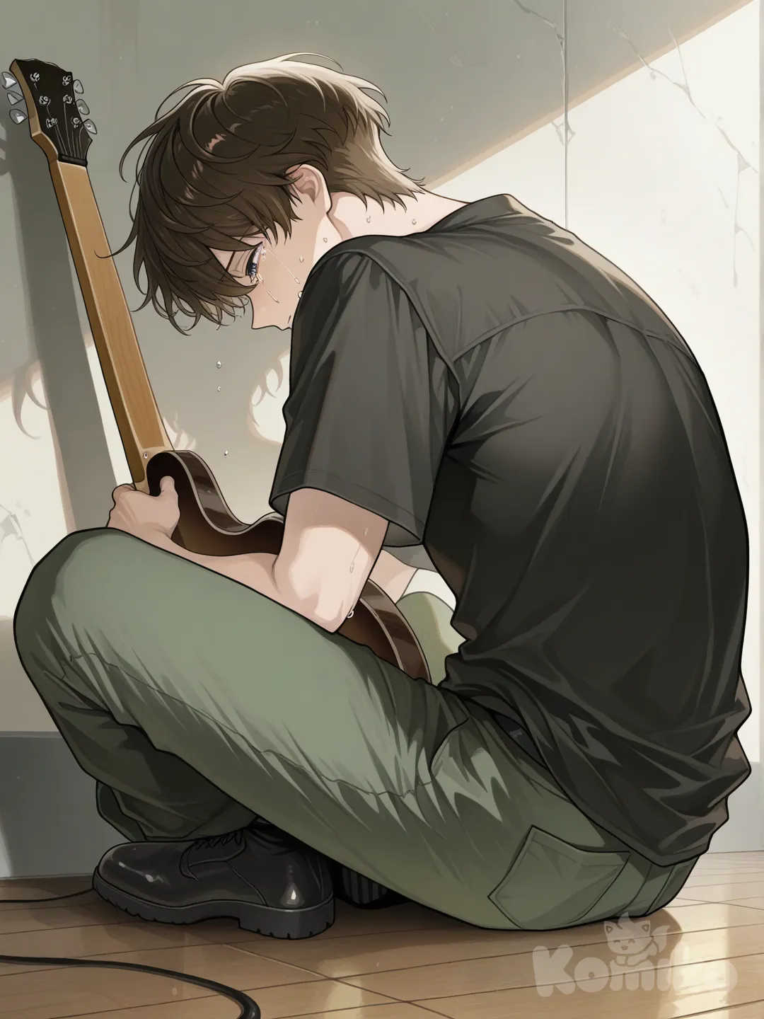 1boy, sitting on the ground against the wall, sad, looking down, brown hair, Long sage green pants with one lower pocket on left side of pant leg, guitar next to him, tears going down his face, black short sleeve shirt