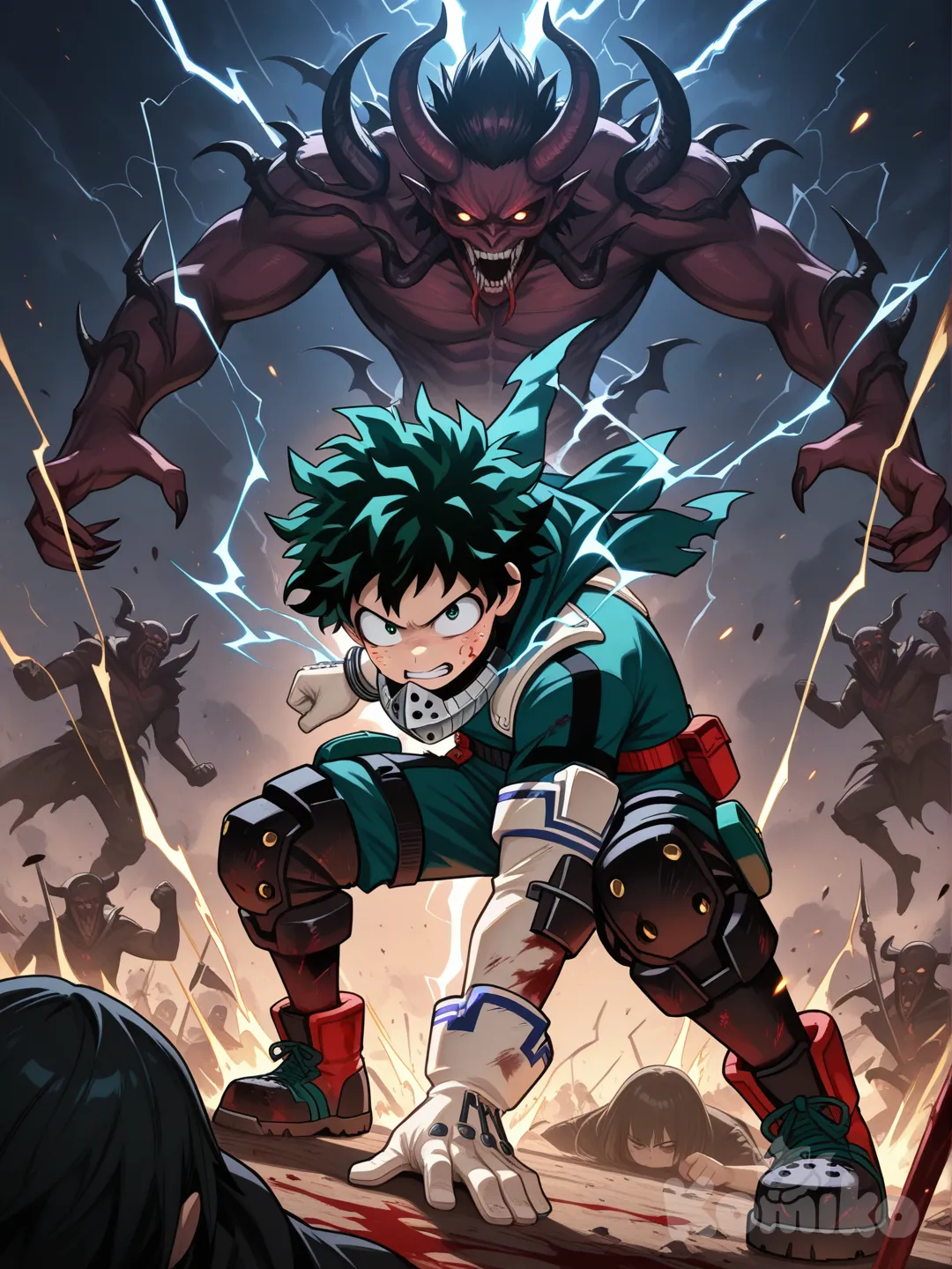 midoriya izuku, Fighting 10 demons, 3 demons on ground dead, midoriya izuku shooting electric bolts at the demons, midoriya izuku blood going down his face, angry