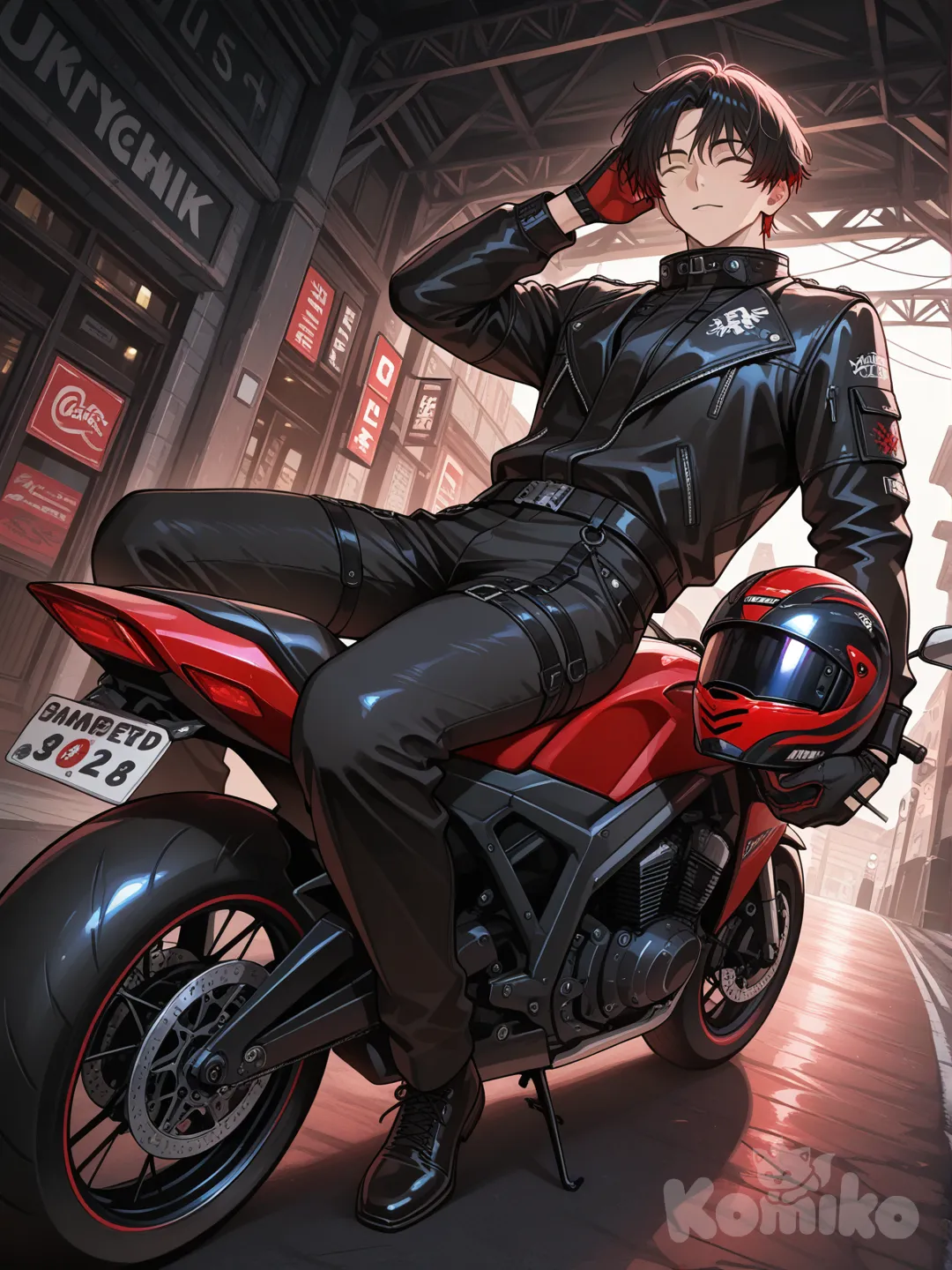 1boy, sitting on motorcycle, wearing reddish black clothes, Red and black gloves, Red and black Motorcycle, facing forward, leaning back a little bit, holding helmet