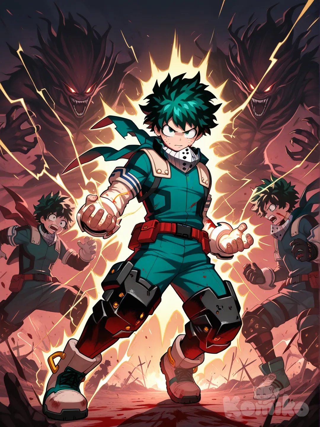midoriya izuku, Fighting 10 demons, 3 demons on ground dead, midoriya izuku shooting electric bolts at the demons, midoriya izuku blood going down his face, angry