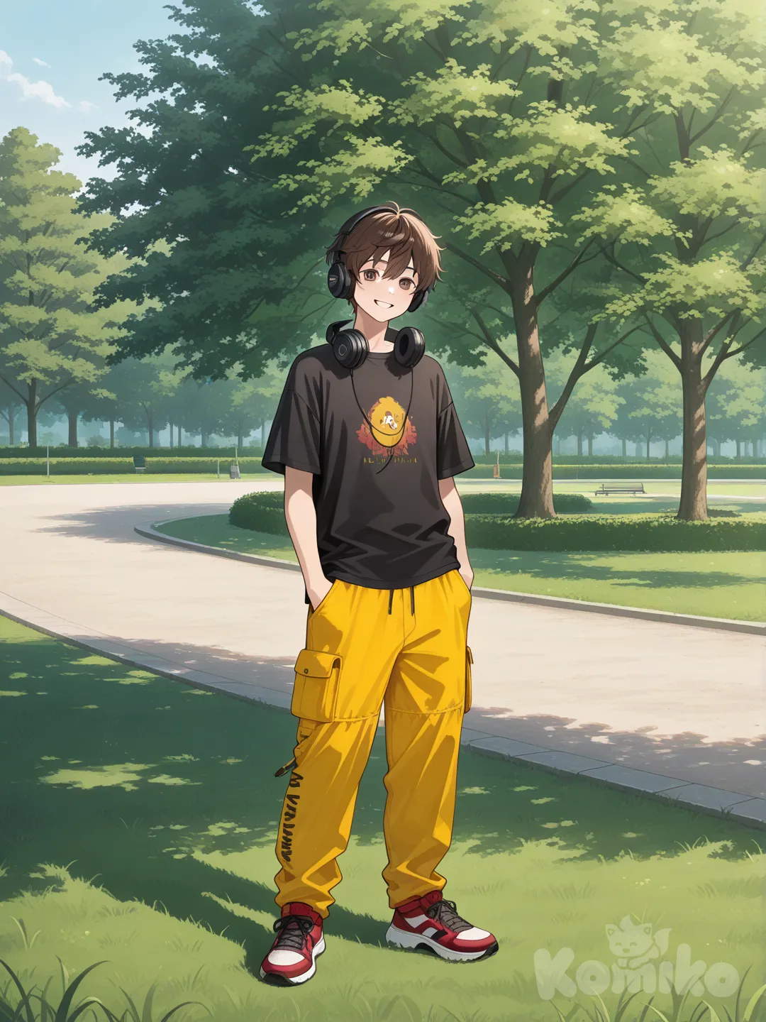 1boy, brown eyes, shortish brown hair, black T-shirt, mustard long pants with two pockets on both sides of legs, black headphones, Reddish black high top shoes, smile, park