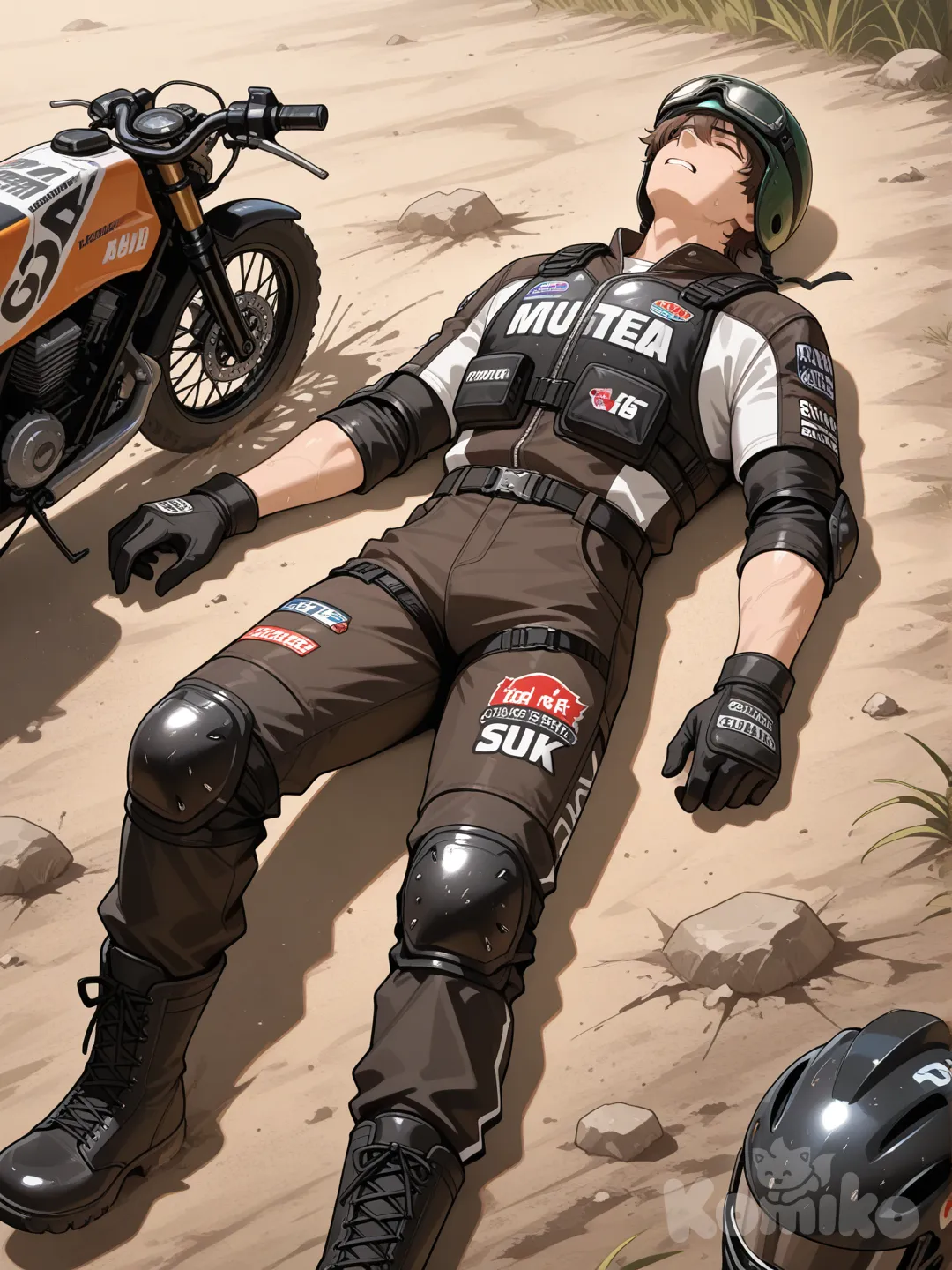 1boy, shortish brown hair, a helmet, goggles, gloves, a jersey and pants, boots, and often a body armor jacket or chest protector with elbow and bicep pads, laying on ground, injured, broken dirt bike on ground