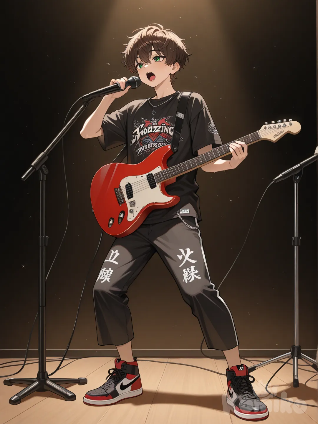1boy, singing, playing guitar, shortish brown hair, Red and black Jordan's, black shirt that has the letters MW on it, green eyes