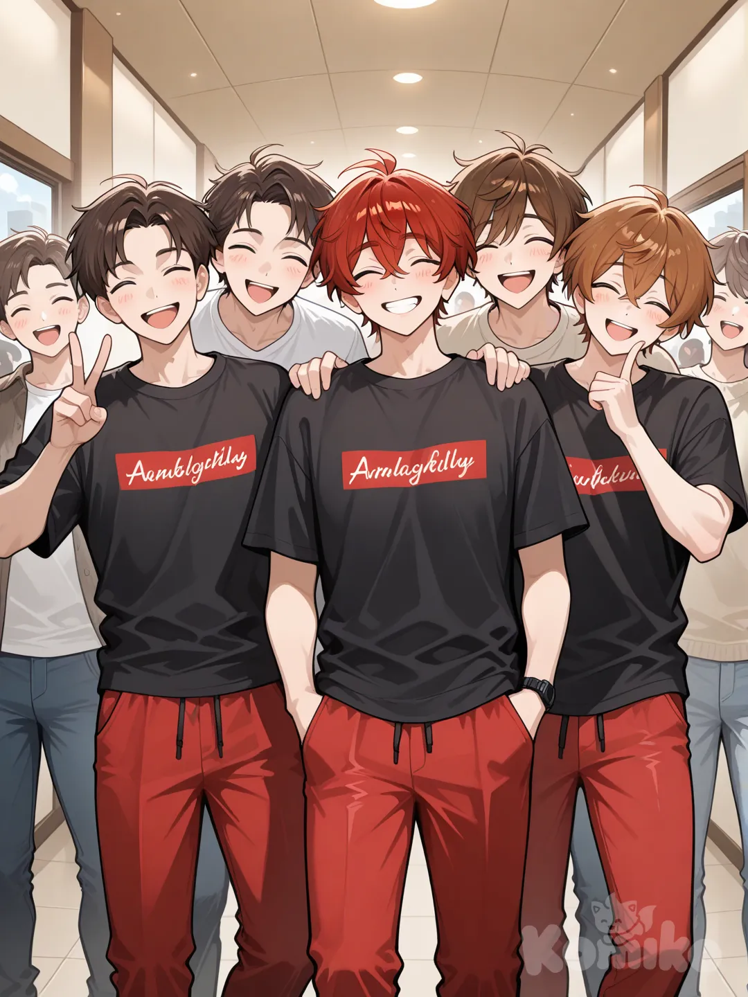 1boy, around people laughing with him, black shirt, Long Red pants, shortish brown hair