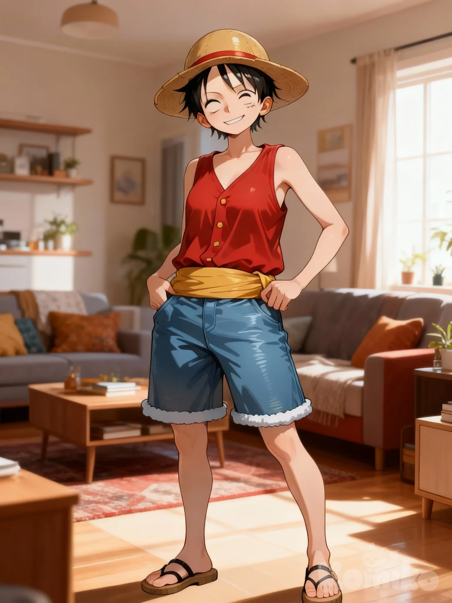 looking at viewer, smirk, in apartment, @Monkey_D._Luffy