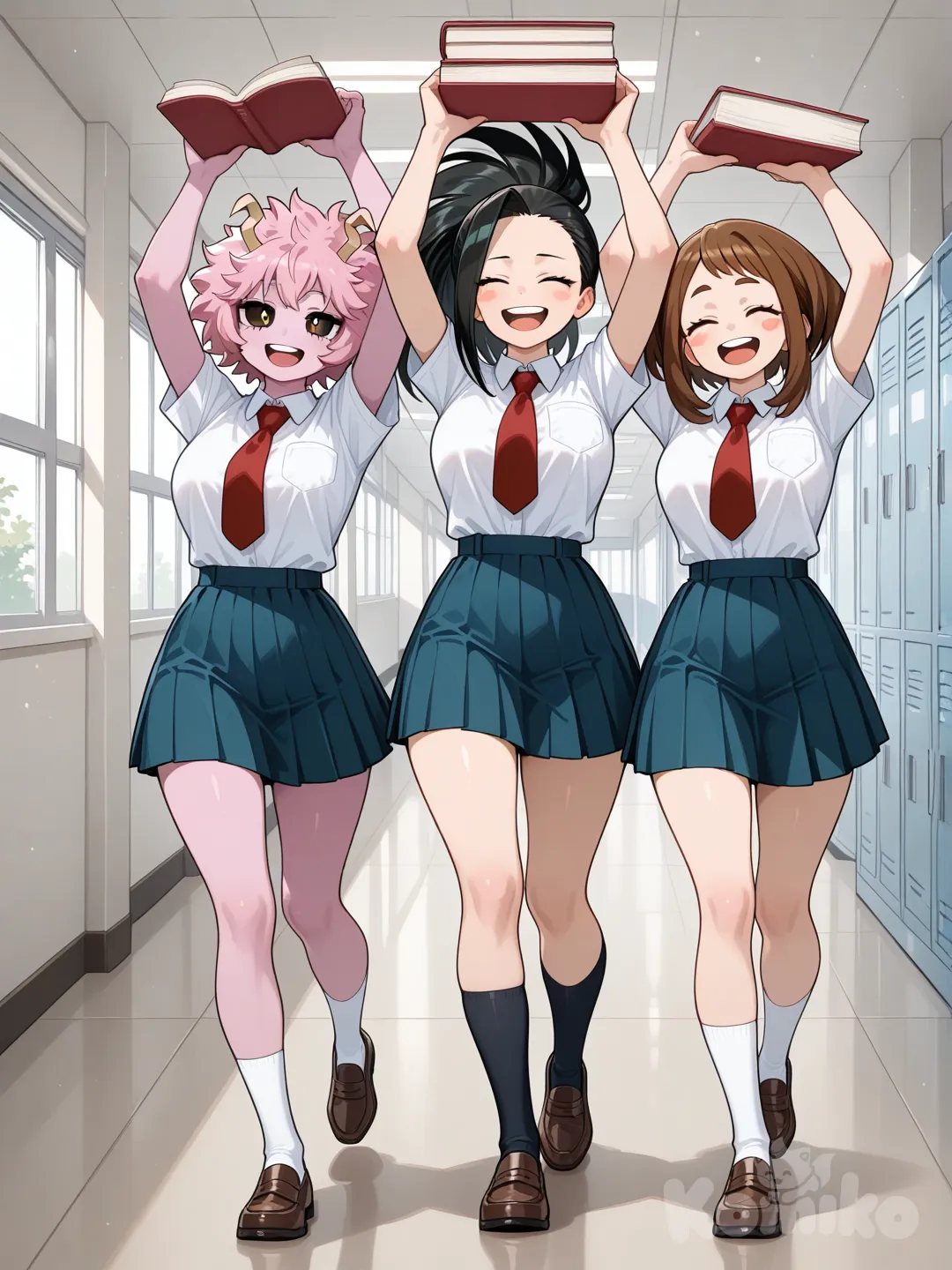 @Ashido_Mina, @Uraraka_Ochako, @Yaoyorozu_Momo, all walking in the hallway, Ochako holding a book on her chest smiling, school uniform, denim skirt, Mina smiling with her both of her arms in the air, yaoyorozu momo laughing with books in her hands