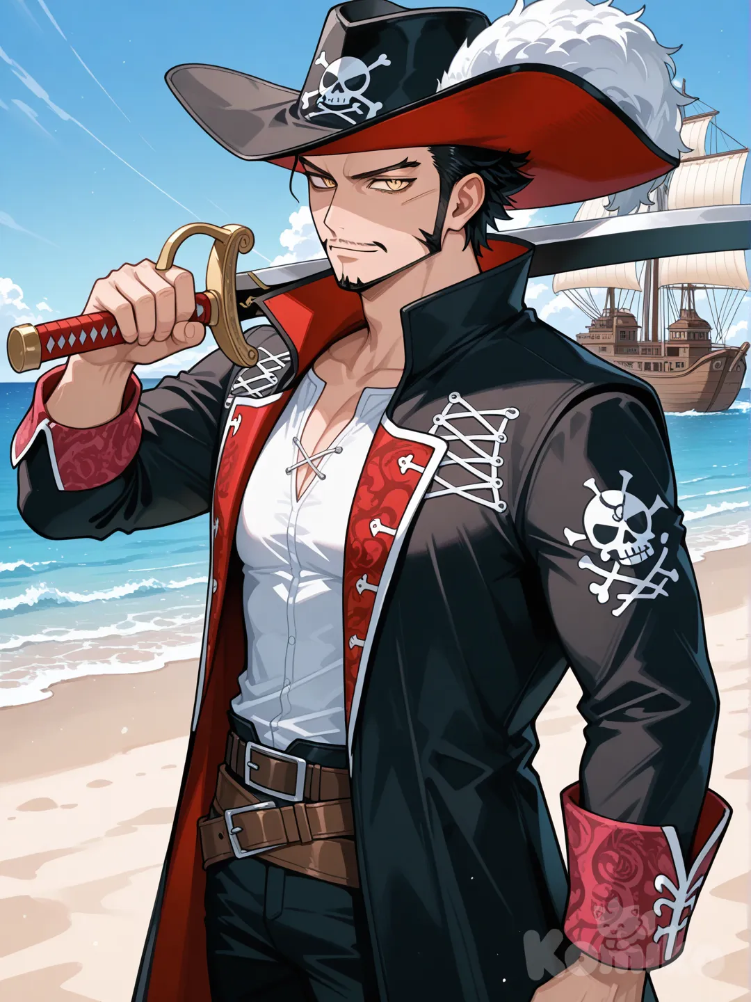 @Dracule_Mihawk, holding his Saijou O Wazamono on his right shoulder, standing on sand at the beach, pirate ships behind him, looking at viewer