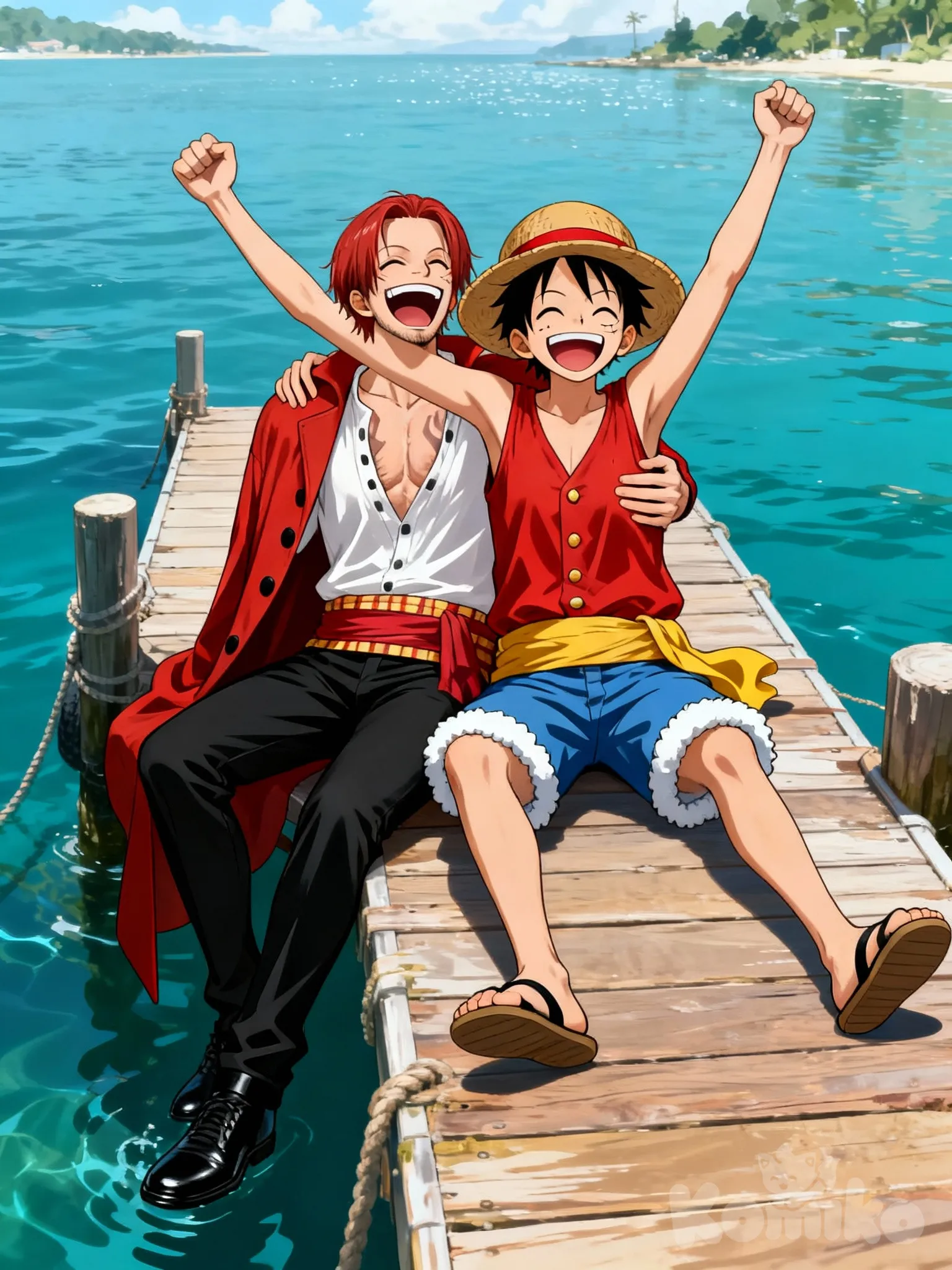@Shanks_(One_Piece), @Monkey_D._Luffy male, sitting at the end of a doc, Luffy smiling arms up, Shanks laughing, Shanks arm around Luffy