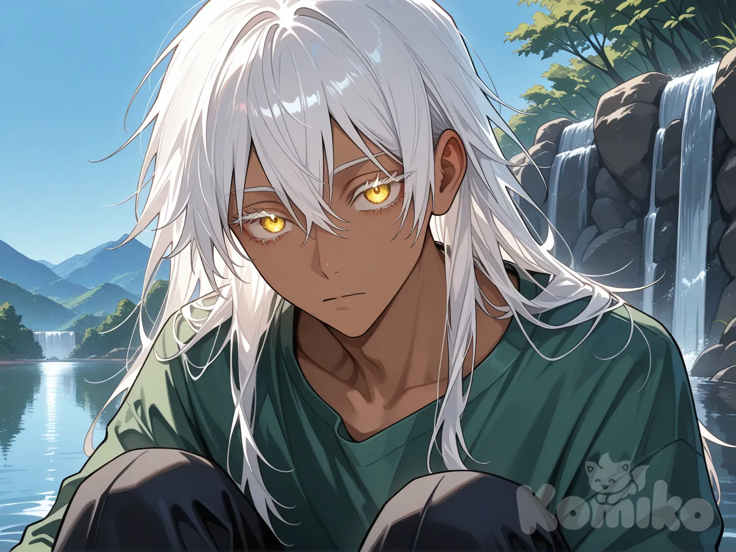 Kaisen jujutsu style, 1Bony with brown skin, white hair, bright golden eyes, white eyelashes, loose long-sleeved green shirt, black dress pants, expressionless, long hair, close-up, looking at the viewer, day, lake, waterfall, blue sky.