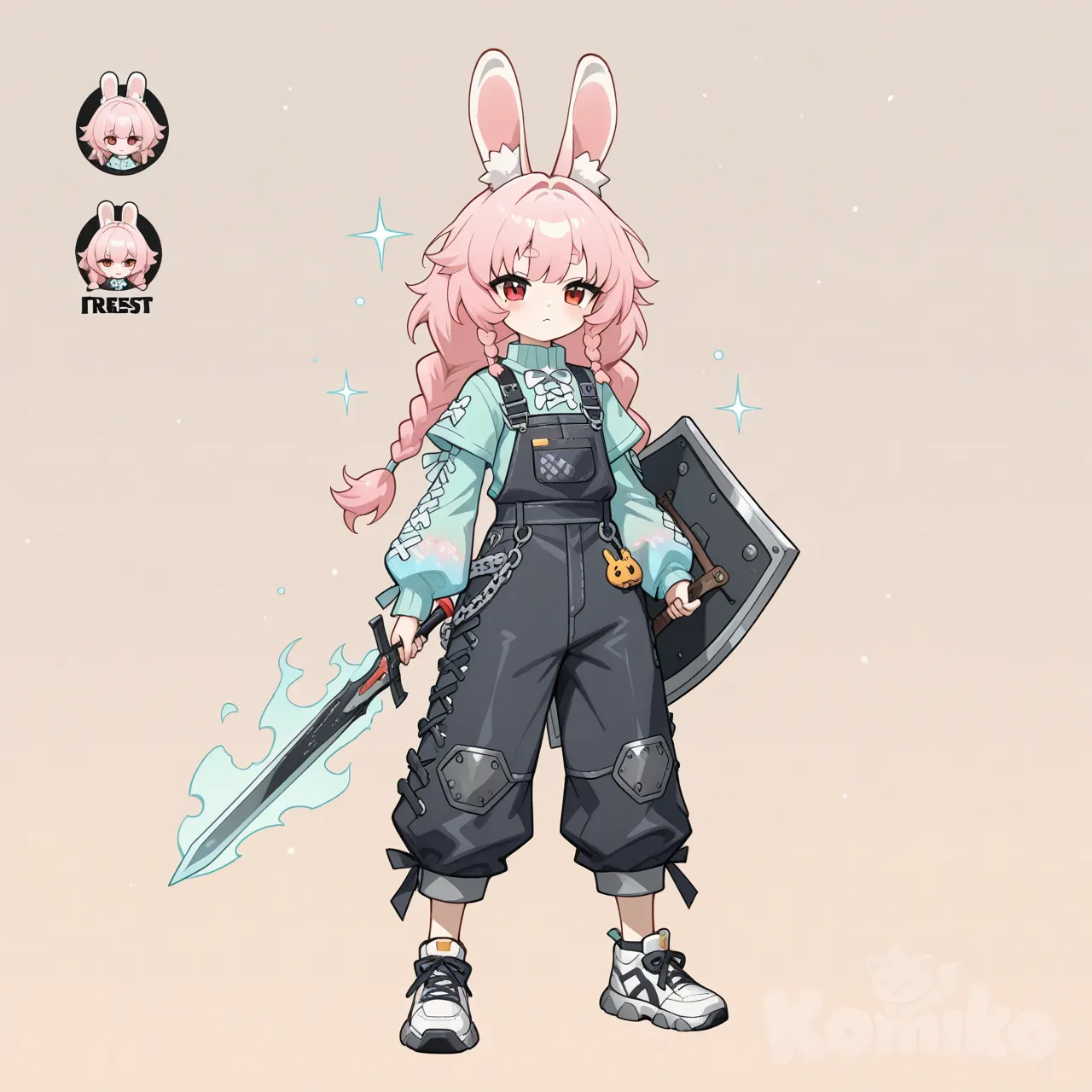 Full-body portrait of Zhao from Zenless Zone Zero, a short and fluffy female rabbit Thiren (beast-humanoid) with a robust build. She has long pink hair in two braids, round fluffy pink ears on top of her head, bright red eyes, and a small white cotton-ball tail. She is wearing overalls with turquoise sleeves and holds a small sword and shield. Soft anime art style, intricate details.

Highly character design, sharp focus, 8K resolution, cinematic quality. Warm, gentle, and serene mood.

Digital painting with a soft pastel color palette, gentle volumetric lighting. The scene has a dreamy, ethereal atmosphere, evoking her Ice attribute.