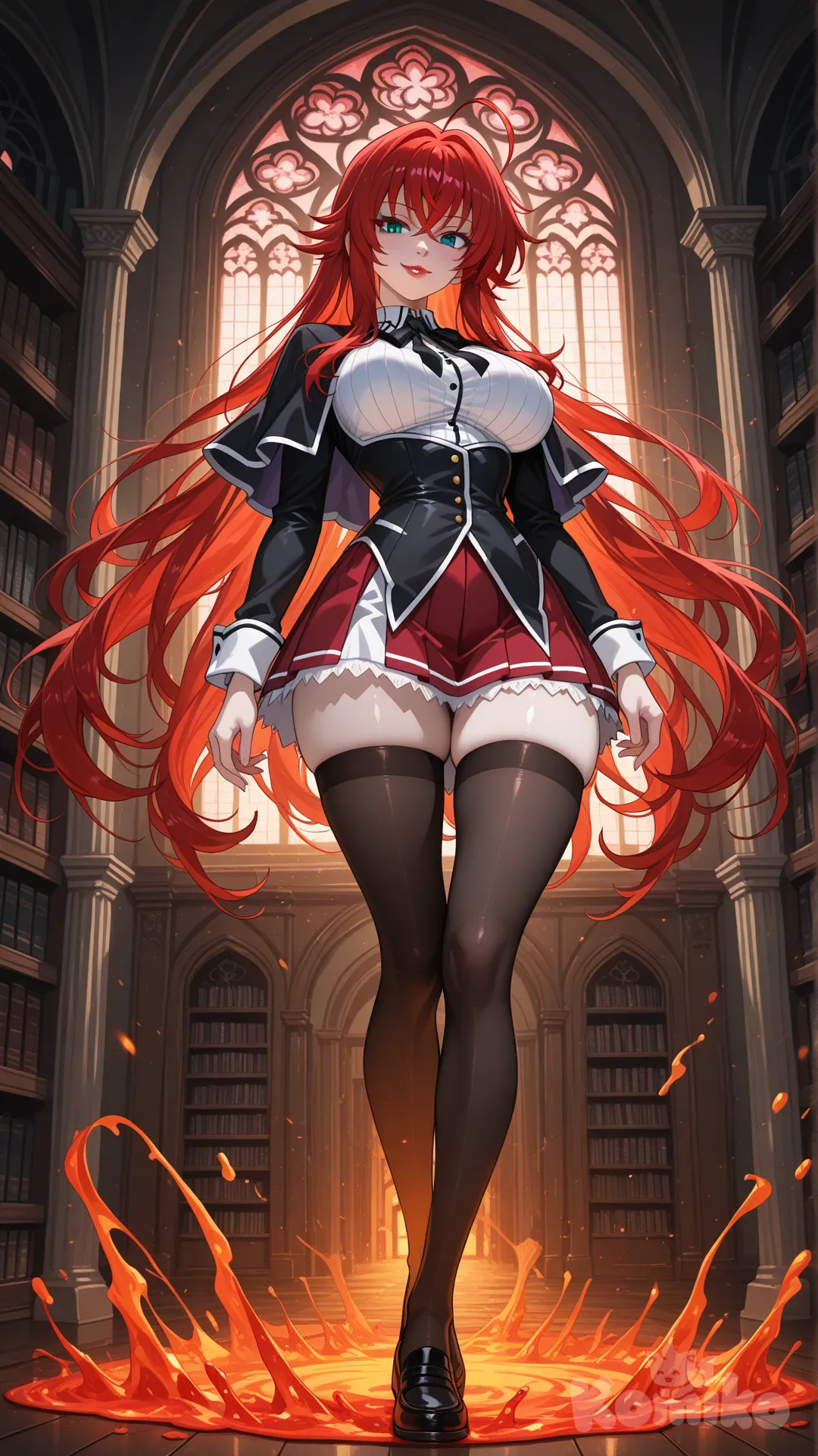 ultra-8K, cinematic lighting. Full-body portrait of (Rias Gremory), the Crimson-Haired Ruin Princess, young woman, 22 years old, with a statuesque and voluptuous figure (99-58-90 cm). Her anatomy is a study in harmonious curves: a full, generous bust that accentuates her regal posture, a dramatically slender waist that flows into soft, pronounced hips, and long, shapely legs. Her skin is flawless, pale like porcelain, providing a stark contrast to her hair. Her face has refined, aristocratic features: high cheekbones, a delicate nose, and full, naturally red lips set in a confident, knowing smirk. Her eyes are large, captivating, and heterochromatic—a deep, intelligent sapphire blue that shifts to emerald green near the pupil under the light. Her most iconic feature is her vibrant, crimson hair, of immense length (reaching mid-thigh), thick and silky, with a dynamic, life-like flow as if moving in a subtle breeze. A single, prominent ahoge (cowlick) protrudes from the crown of her head.

Digital painting in the style of a high-budget anime key visual blended with realistic fantasy art. Hyper-rendering of textures: the sheen of her hair and stockings, the weave of the uniform fabric, the softness of her skin. Lighting: Dramatic Rembrandt lighting from a single, large cathedral-style window, creating strong chiaroscuro. The crimson light of dusk spills in, illuminating one side of her body and making her hair glow like molten lava, while the other side is cloaked in deep, rich shadows. Ethereal, barely visible particles of demonic crimson energy (like faint embers or smoke) float around her. background of mahogany bookshelves filled with ancient, leather-bound tombstones and occult artifacts. Focal point is her intense gaze and charismatic smile.

sharp focus, intricate details, professional color grading, depth of field.
