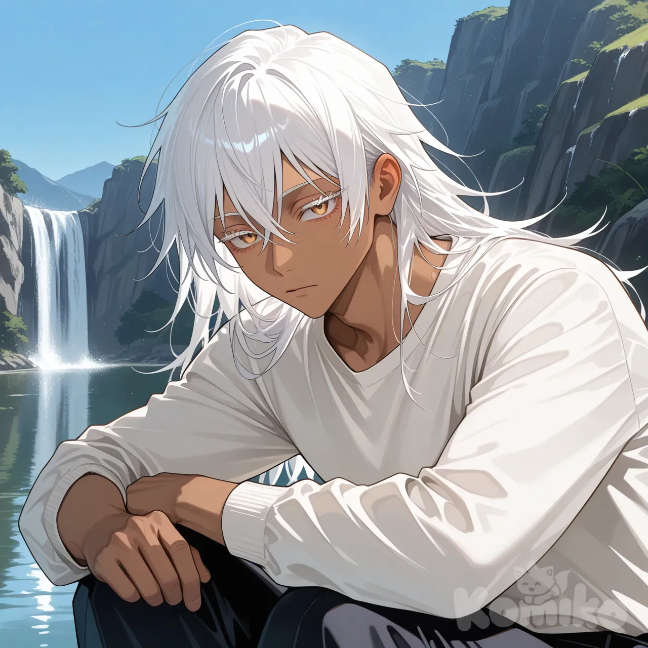 Kaisen jujutsu style, 1Bony with brown skin, white hair, bright golden eyes, white eyelashes, loose long-sleeved green shirt, black dress pants, expressionless, long hair, close-up, looking at the viewer, day, lake, waterfall, blue sky.