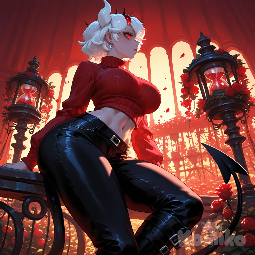 ‎‎(high detail:1.3).

Ultra-1girl, Beelzebub (Helltaker) - voluptuous mature female figure,(exaggerated hourglass silhouette: (very wide hips), (narrow waist), (heavy bust)), soft body fat distribution over toned musculature, (prominent rounded buttocks), (thick thighs), pale flawless skin.

sharp elegant facial features,pale skin, (deep crimson eyes), (vertical slit pupils), short white hair, (full pale pink lips).

long curved white hornsfrom temples, (chitinous texture), thin flexible black tail with sharp triangular tip.

Digital painting, sharp focus, intricate detail, dramatic lighting, (High contrast), (8k resolution).

(Background of an ethereal rose garden at sunset, with giant flowers, glass lanterns emitting a warm light, and decorative wrought iron benches. Rose petals float in the air.)

closeup, upper body, from below, side profile photo, backlight, stage light, expressionless

Belcebú luce; Un suéter rojo de cuello alto, ajustado y corto, que apenas contiene su busto, termina justo debajo, dejando al descubierto su estrecha cintura y la parte superior de la cadera.
Pantalones de tiro alto y pernera ancha en Negro carbón que, paradójicamente, acentúan la anchura de sus caderas y la redondez de su trasero antes de caer.
Botas de plataforma gruesas.

[sensual-glossy-style]

Postura dinámica