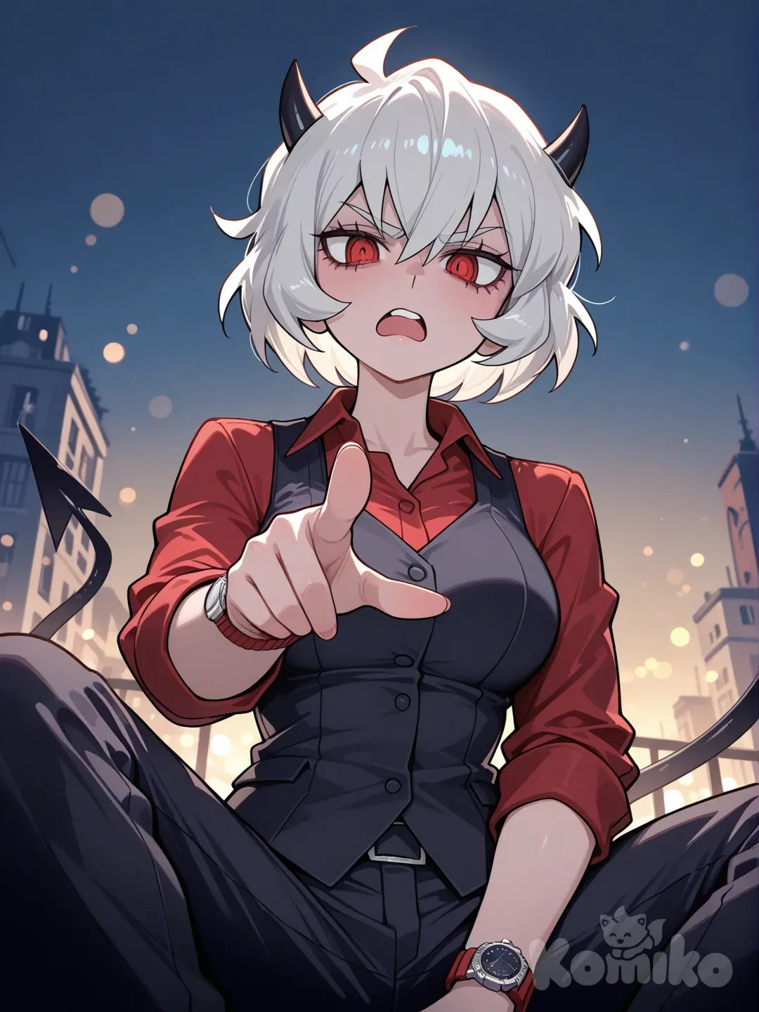 @Malina_(Helltaker), frown, open mouth, sitting on the ground, pointing at viewer, varsity jacket, cargo pants, lace, mechanical watch, closeup, looking at viewer, upper body, panoramic lens, front profile photo, from below, depth of field, blurred background, gradient background, cityscape, pier, ambient light, backlight