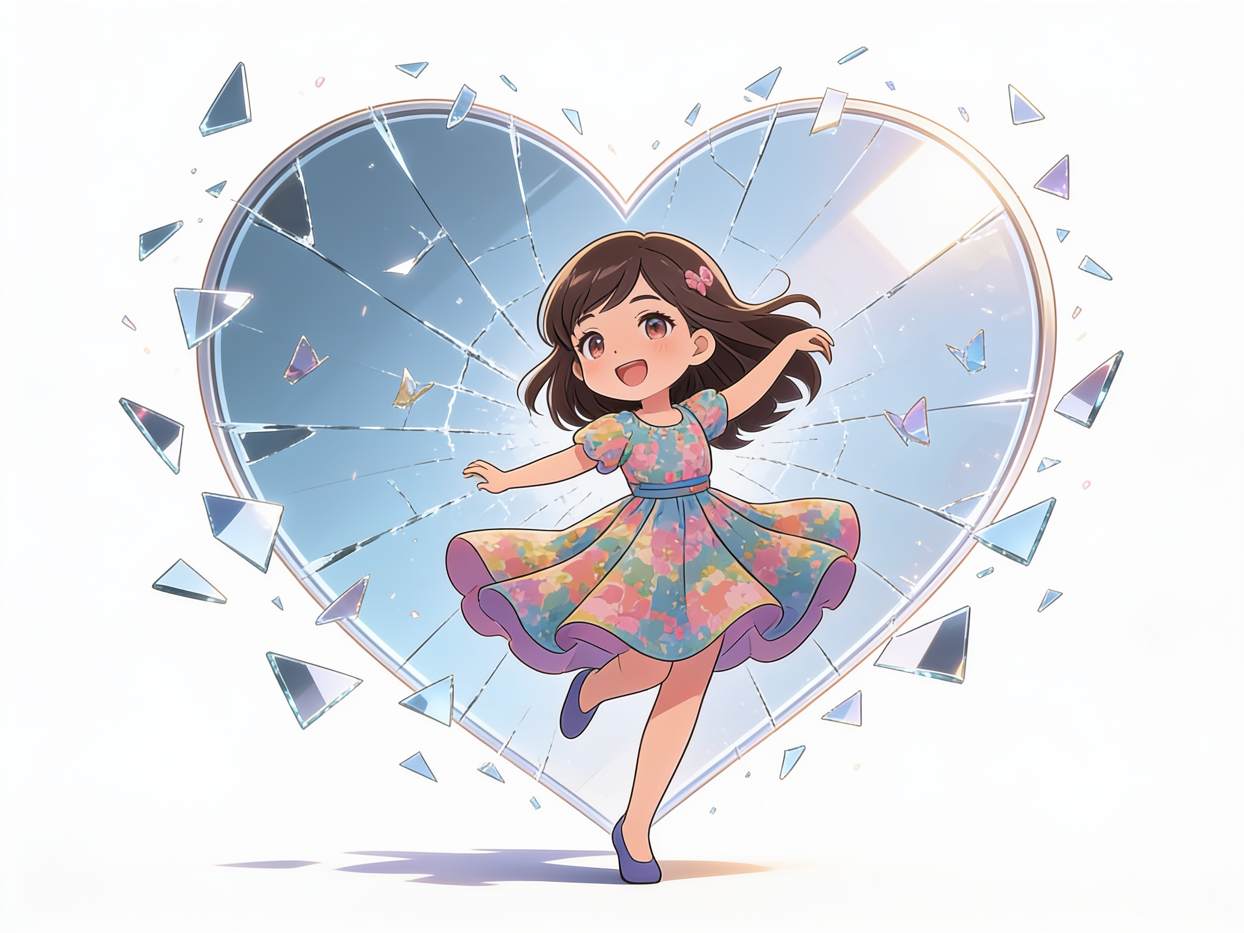1girl, breaking mirror effect, glass shards forming a heart, cute, inside a heart, dancing, memories, emotional, cinematic lighting, single character, full body, looking at viewer, anime style, simple background, white background, anime style