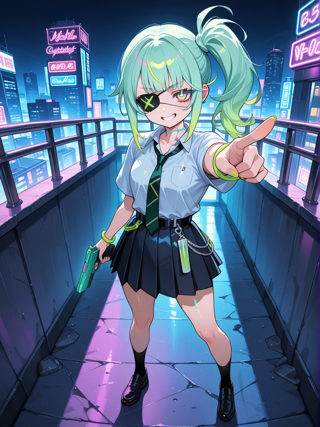 1girl, holding gun, evil smile, school uniform, plastic, eye patch, bracelet, side ponytail, neon green, full body, looking at viewer, pointing at viewer, ambient light, cityscape, night