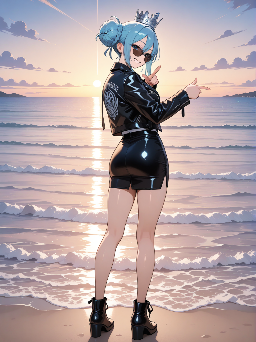 1girl, looking back, pointing at viewer, laughing, leather jacket, pencil skirt, plastic, crown, sunglasses, bun, klein blue, full body, ambient light, twilight, ocean