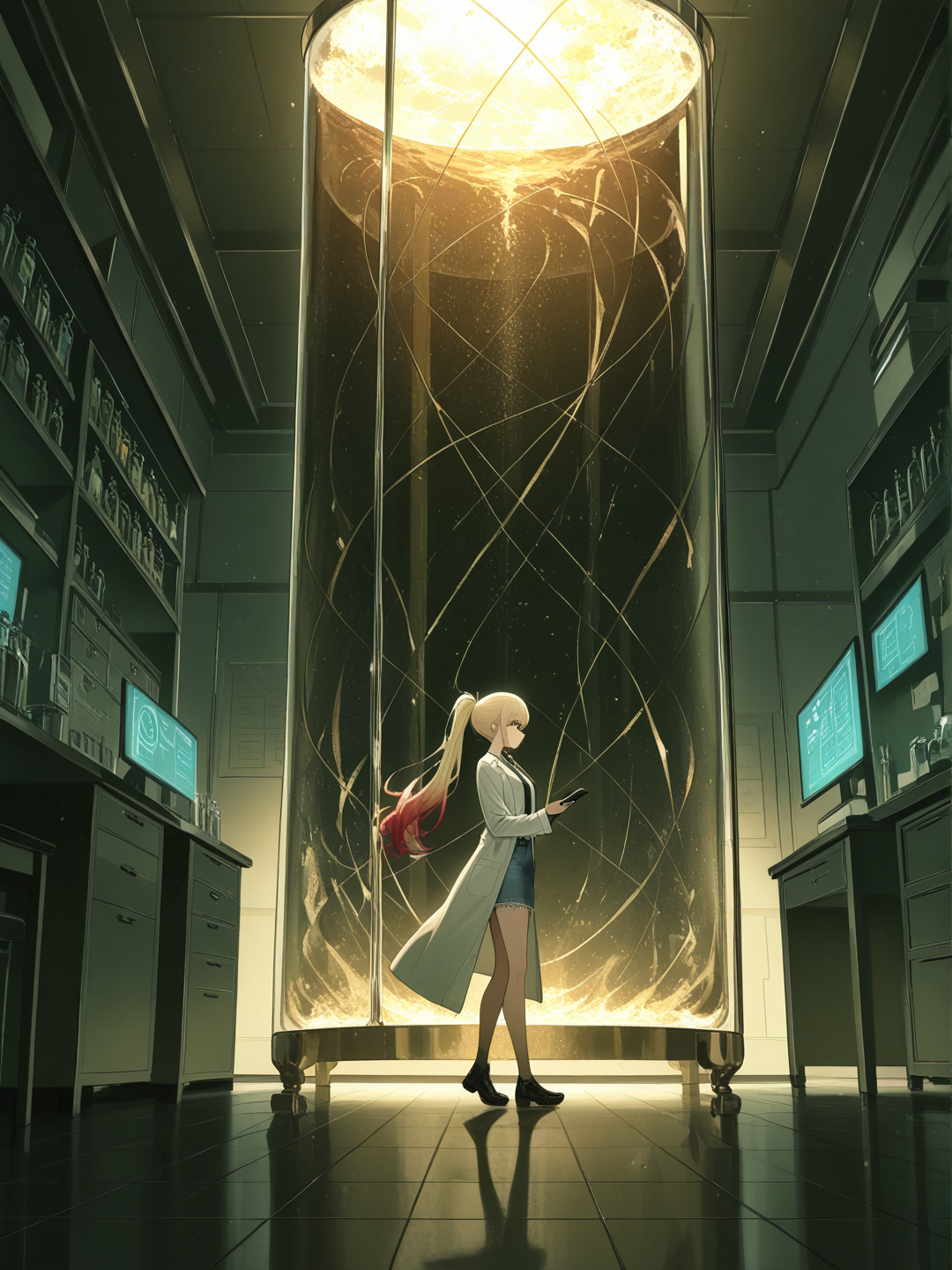 1girl, lab coat, denim skirt, looking at phone, lace, tie, high ponytail, gradient, side profile photo, ultra-wide shot, ambient light, laboratorio