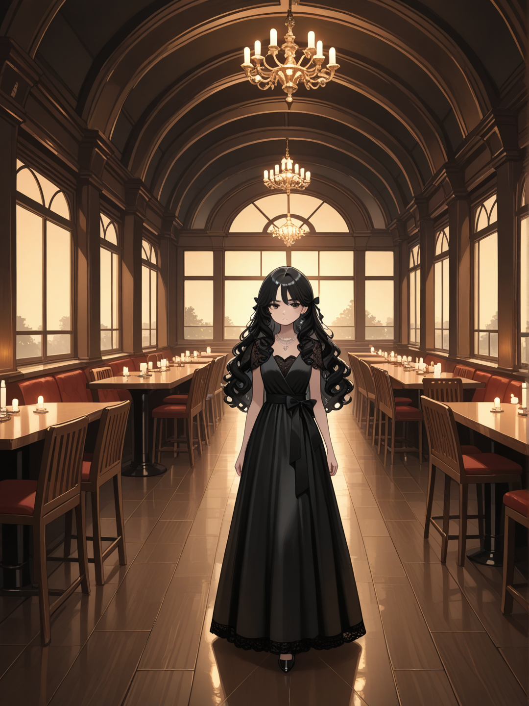 1girl, frown, evening dress, lace, plastic, necklace, bow, fluffy curls, charcoal black, ultra-wide shot, ambient light, restaurant