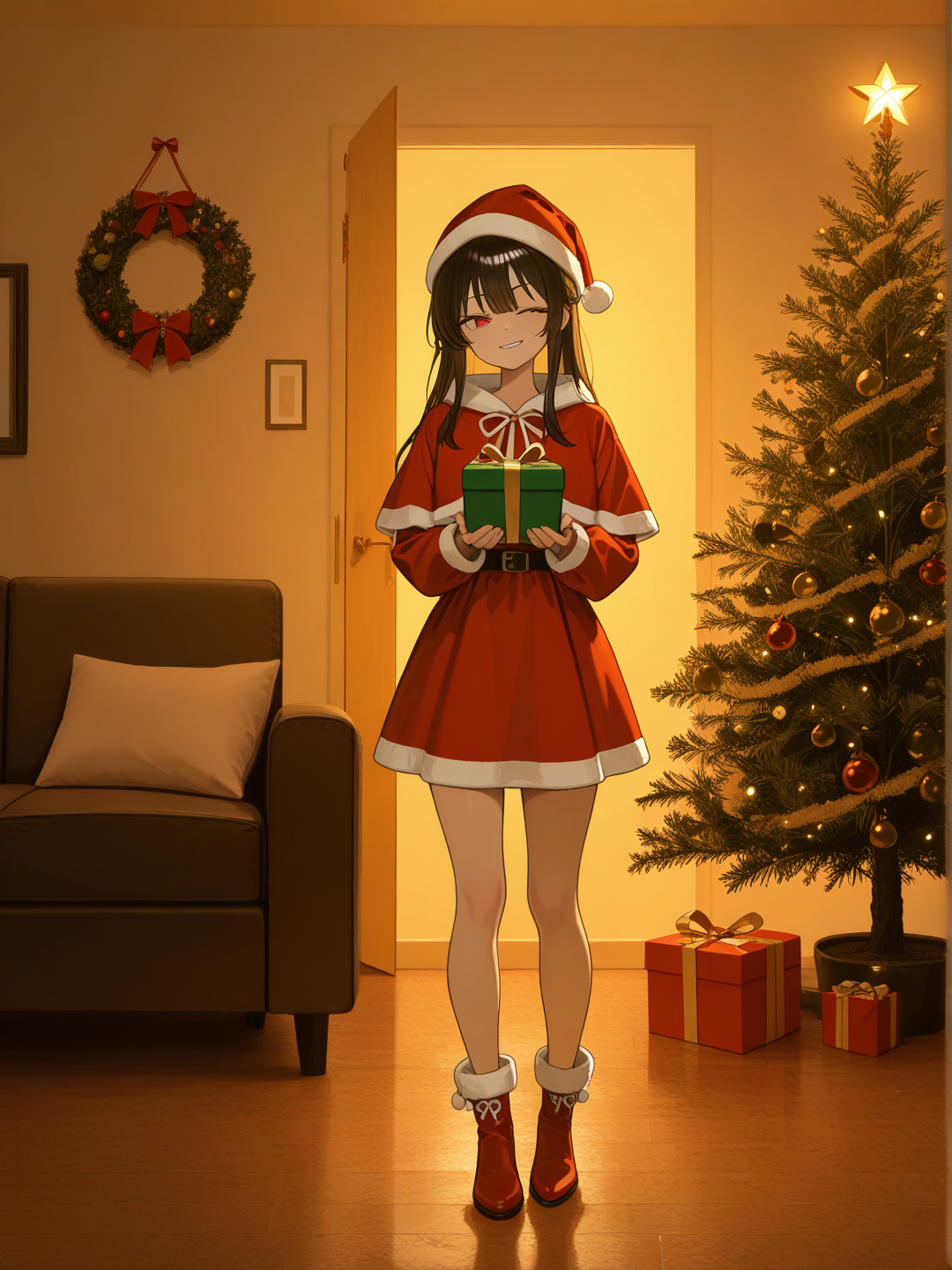 1girl, dando un regalo, smirk, one eye closed, vestido de santa Claus, sombrero de Santa Claus, full body, ambient light, salón navideño
