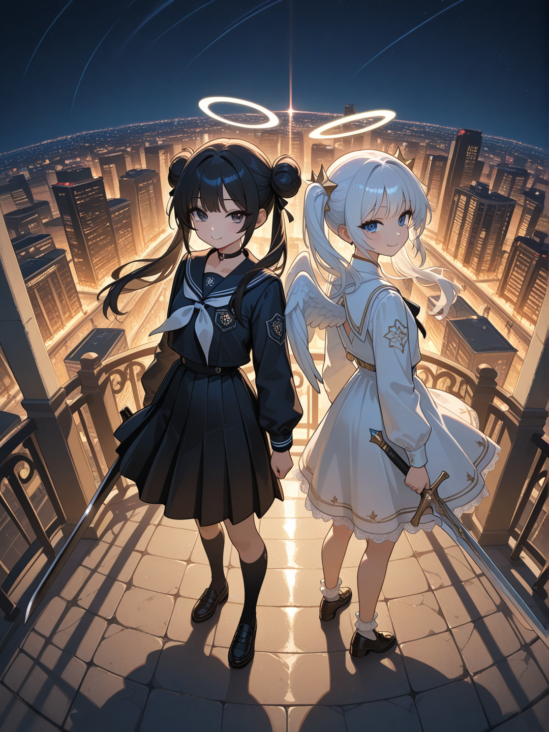 1girl, holding sword, back to back, smile, school uniform, evening dress, lace, crown, angle wings, double buns, twin tails, ivory white, charcoal black, full body, looking at viewer, panoramic lens, ambient light, night, cinematic lighting, cityscape