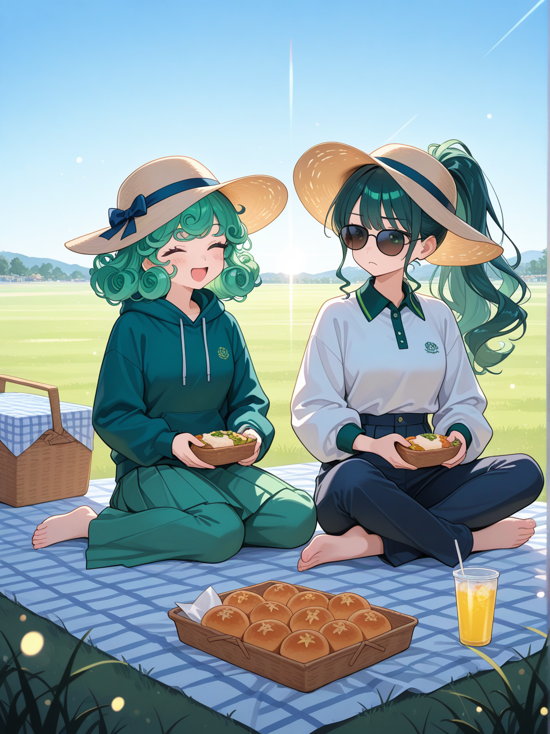 2girls, picnic, frown, laughing, open mouth, polo shirt, pleated skirt, casual pants, hoodie, plastic, sun hat, headscarf, sunglasses, fluffy curls, high ponytail, navy blue, neon green, full body, panoramic lens, ultra-wide shot, depth of field, ambient light, cinematic lighting, day