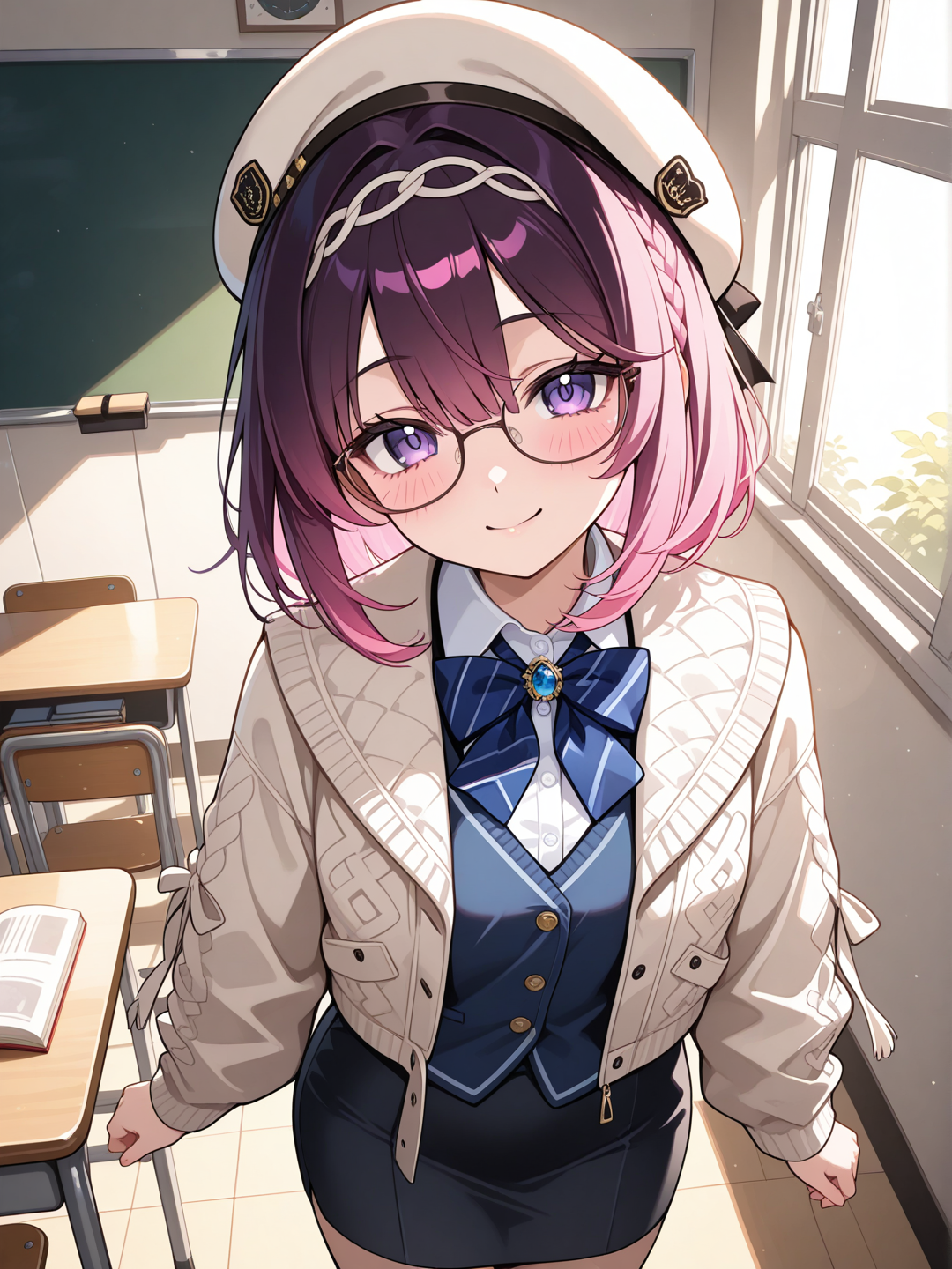 1girl, head tilt, blush, school vest, pencil skirt, sherpa, bow tie, beret, glasses, headband, straight bangs, fuchsia, looking at viewer, portrait, medium long shot, from above, day, light, ambient light, classroom, cinematic lighting