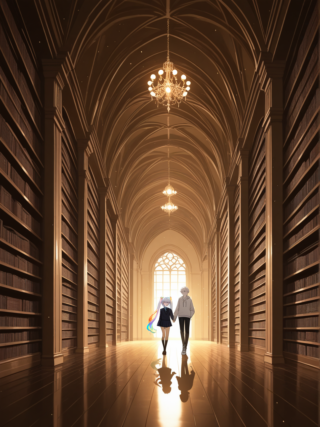 2people, 1boy, 1girl, 2people, holding hands, smile, hoodie, casual pants, school uniform, plastic, bow, headphones, knee-high socks, hair accessory, twin tails, rainbow, ivory white, closeup, looking away, panoramic lens, ultra-wide shot, depth of ambient light, cinematic lighting, day, library