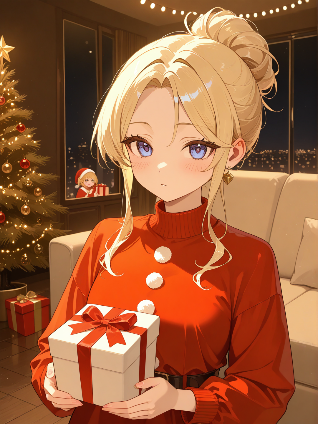 2girls, regalos en las manos, vestido navideño, plastic, blonde hair, updo, gradient, closeup, depth of ambient light, cinematic lighting, night, salón navideño