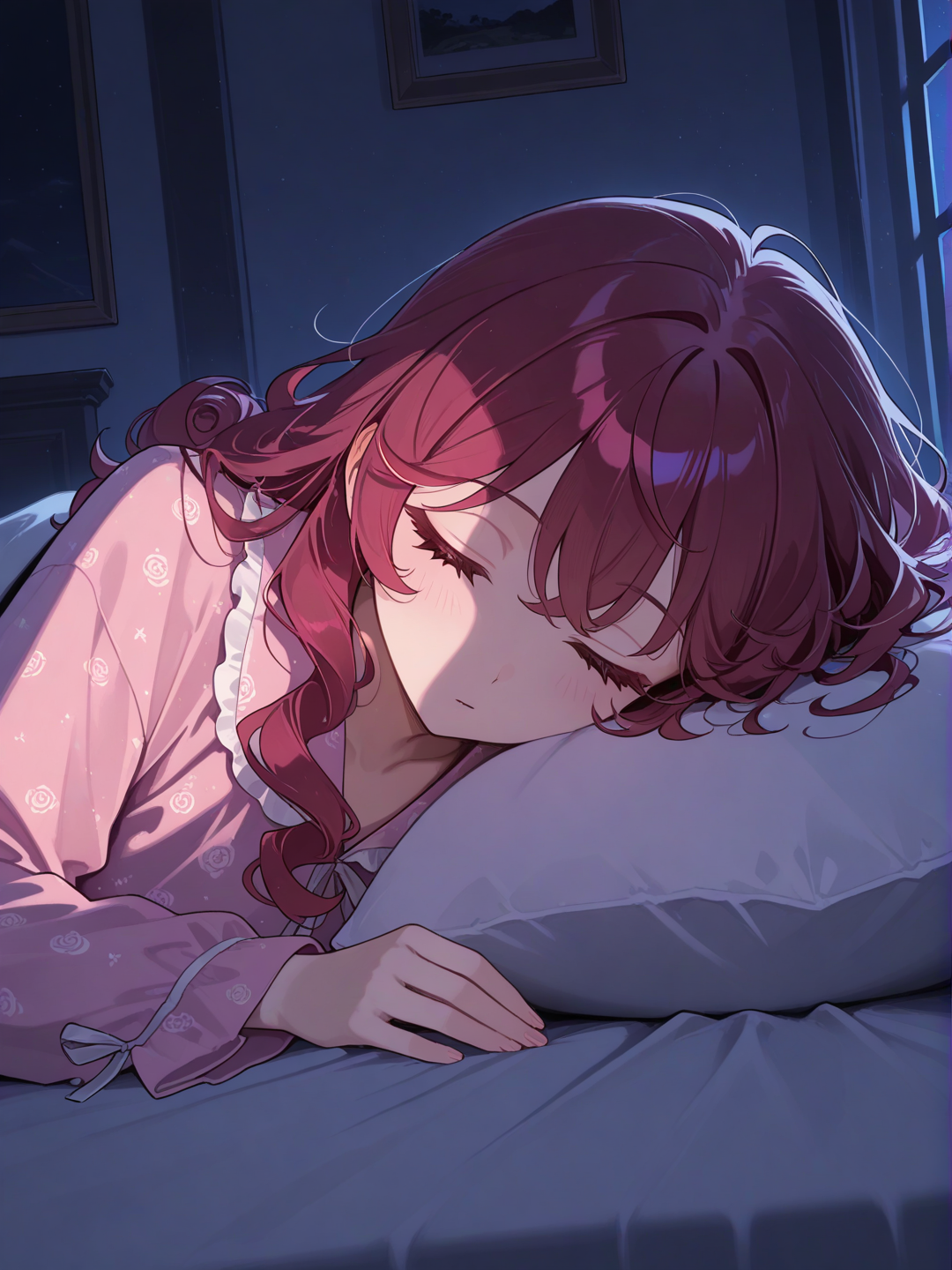 1girl, sleeping, pajamas, fluffy curls, burgundy, closeup, ambient light, cinematic lighting, night, bedroom