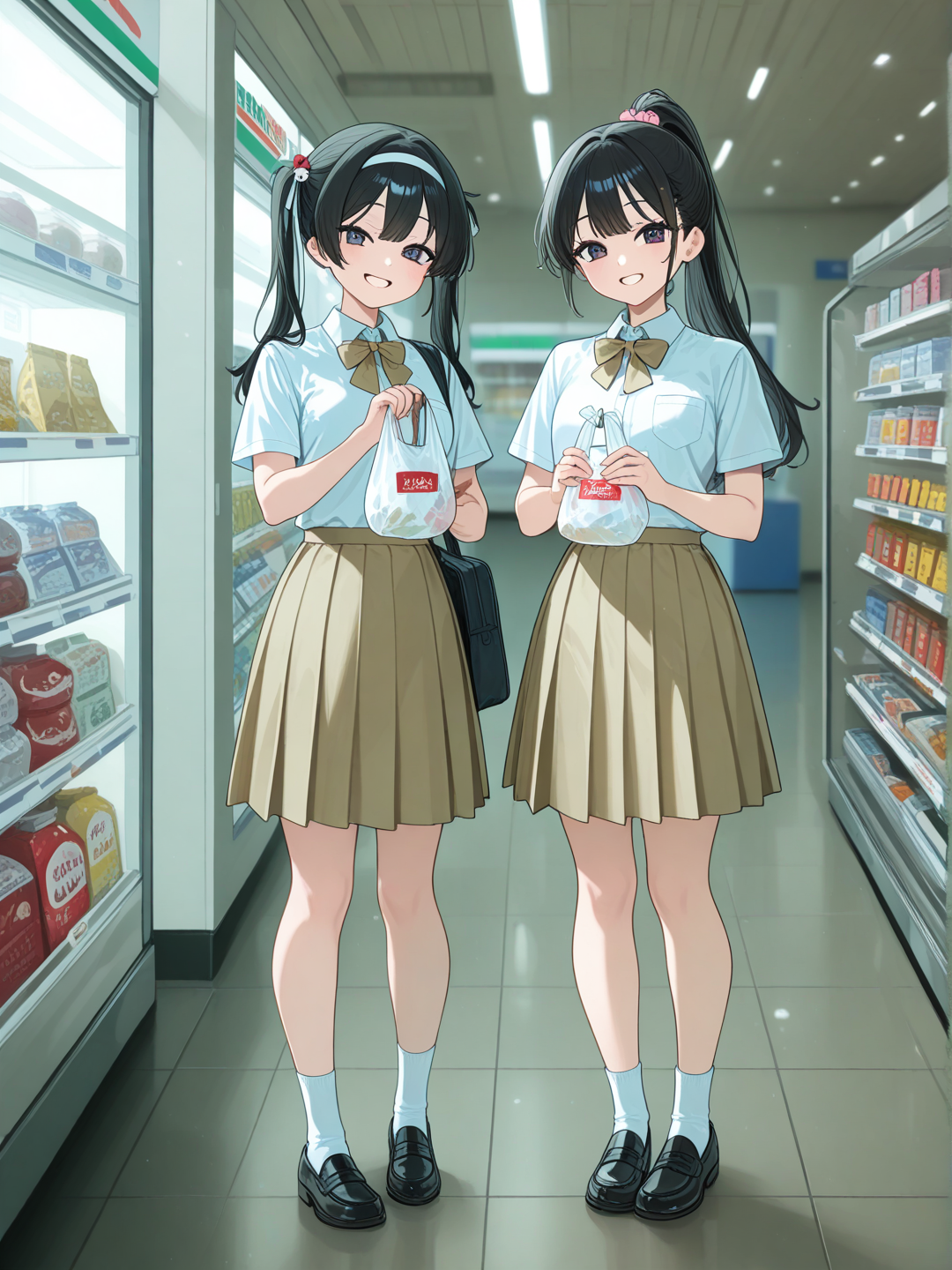 2girls, gathering together, smile, school uniform, plastic, headband, hair accessory, twin tails, high ponytail, charcoal black, khaki, full body, depth of ambient light, day, cinematic lighting, convenience store