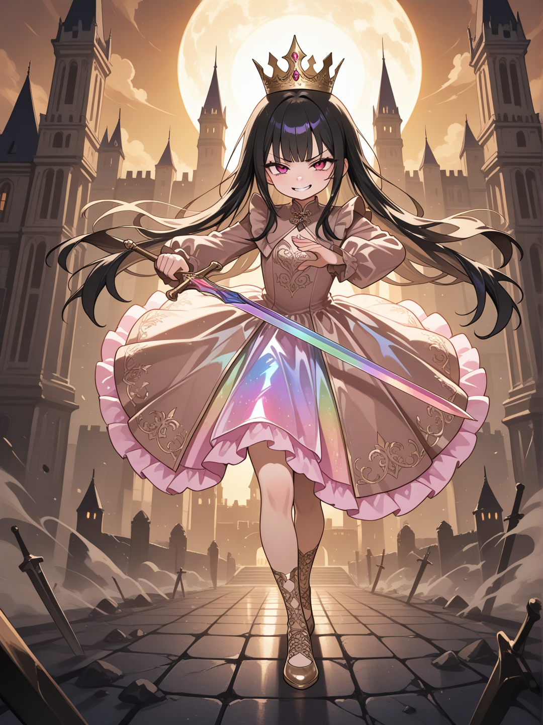 girl, fighting, holding sword, evil angry, little pink dress, little brown dress, plastic, crown, straight bangs, side part, rainbow, charcoal black, closeup, full body, ultra-wide shot, depth of ambient light, cinematic lighting, twilight, castle