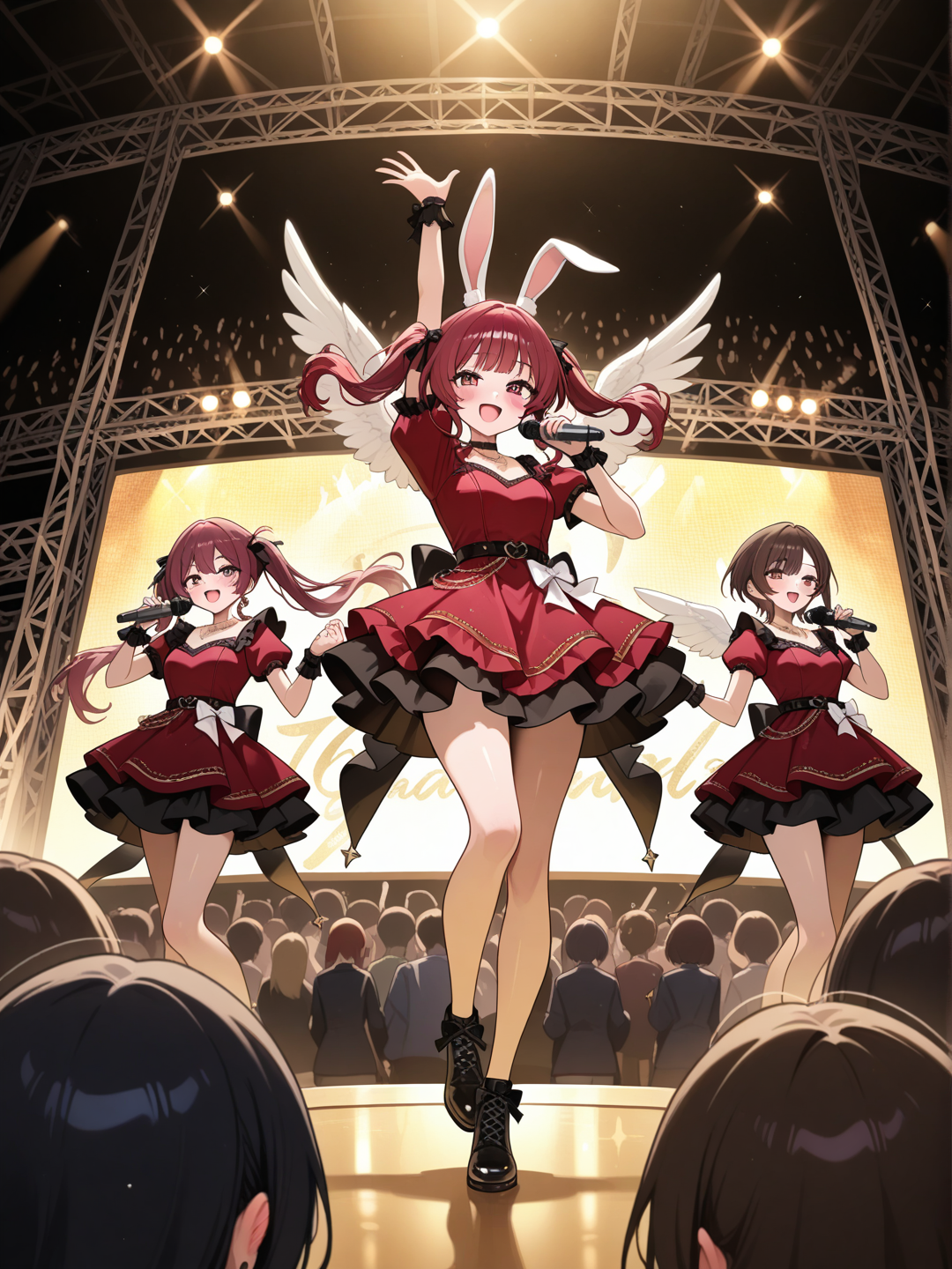 5girls, singing, blush, vestido de ídolo, plastic, rabbit ears, necklace, angle wings, twin tails, burgundy, full body, depth of field, ambient light, cinematic lighting, night, escenario de concierto
