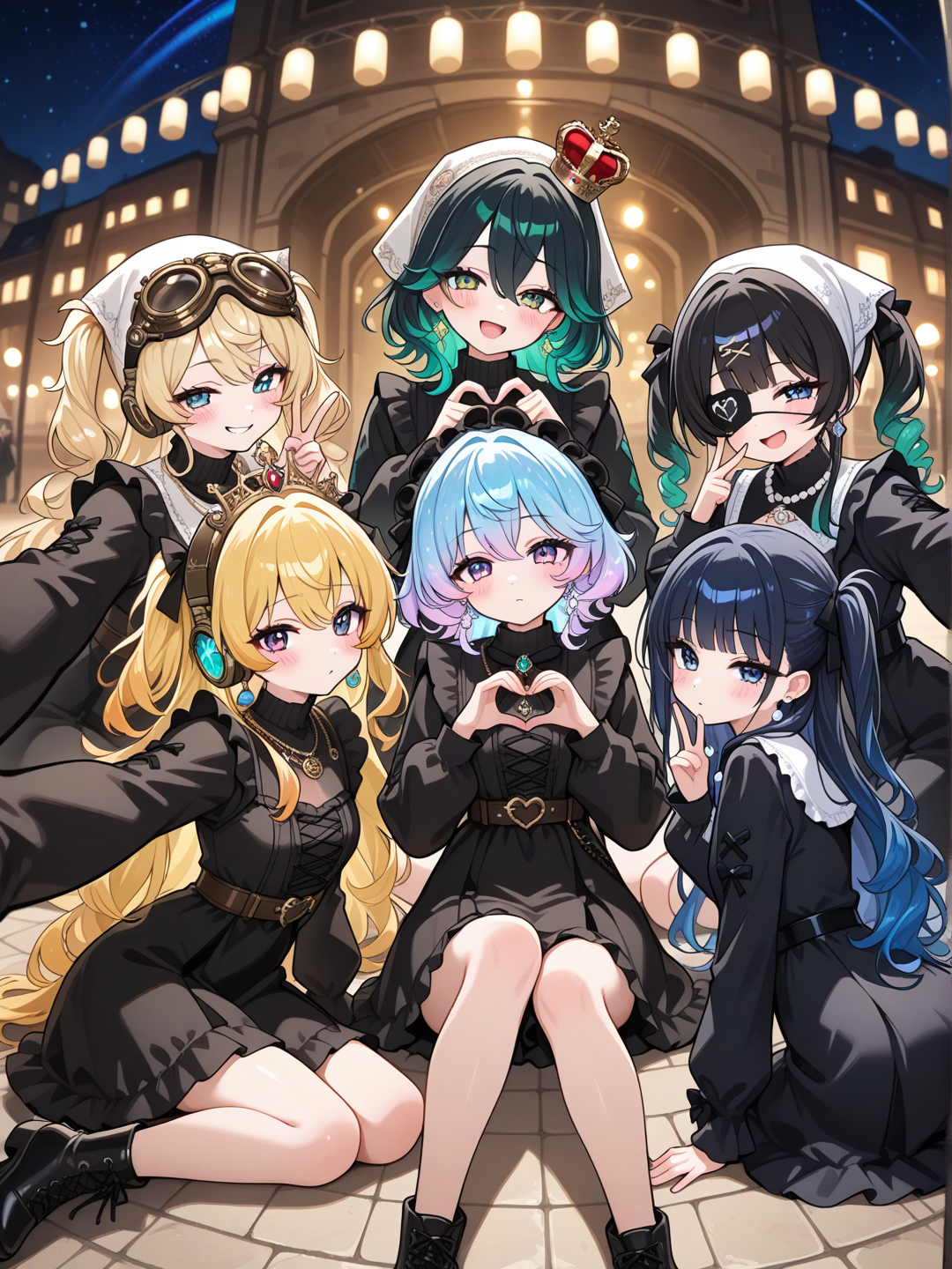 5 people, v sign, heart hands, selfie, looking back, lie on stomache, sitting on the ground, face pinching, head tilt, smile, smirk, laughing, expressionless, blush, one eye closed, open mouth, little black dress, plastic, headphones, eye patch, steampunk goggles, sunglasses, pearls, jewelry, headscarf, diamonds, necklace, earrings, crown, blonde hair, side part, spiral curls, fluffy curls, rainbow, charcoal black, gradient, neon green, navy blue, fuchsia, full body, depth of field, ambient light, cinematic lighting, night, starry sky