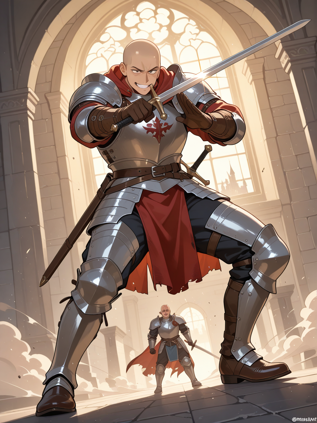 2boys, angry, disappointed, evil smile, armadura medieval, crown, studs, buzz cut, bald, full body, depth of field, ambient light, day, castle, batalla medieval, el humo de la batalla tapa parte del cielo, están peleando con espadas