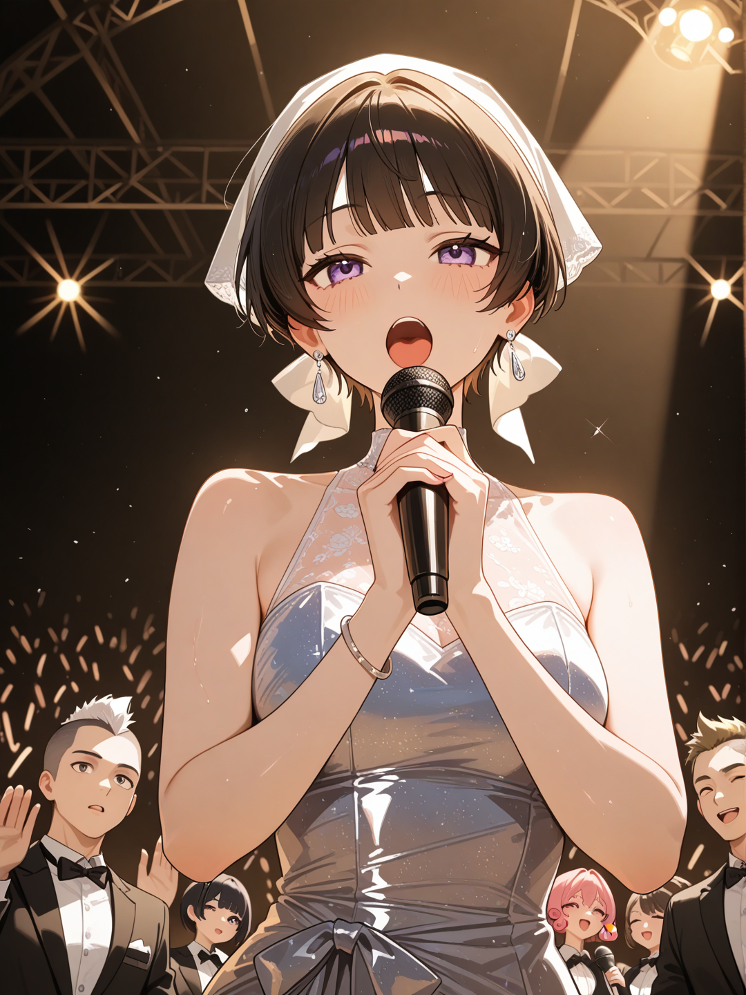 2boys, 2girls, singing, evening dress, tuxedo, plastic, bow tie, headscarf, spiral curls, mushroom cut, pixie cut, mohawk, upper body, depth of field, ambient light, cinematic lighting, night, stage light