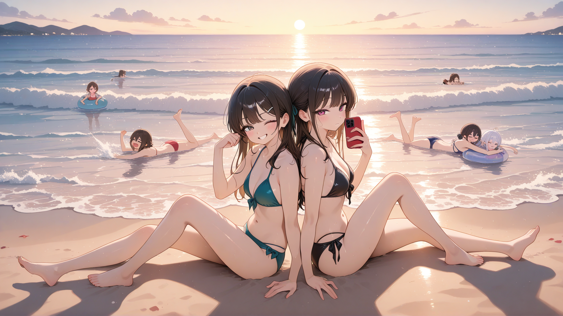 10 Girls, diferentes bikinis, selfie, sitting on the ground, bañándose, lie on stomache, back to back, smile, laughing, smirk, frown, blush, one eye closed, expressionless, full body, looking at viewer, looking away, depth of field, ambient light, cinematic lighting, day, playa