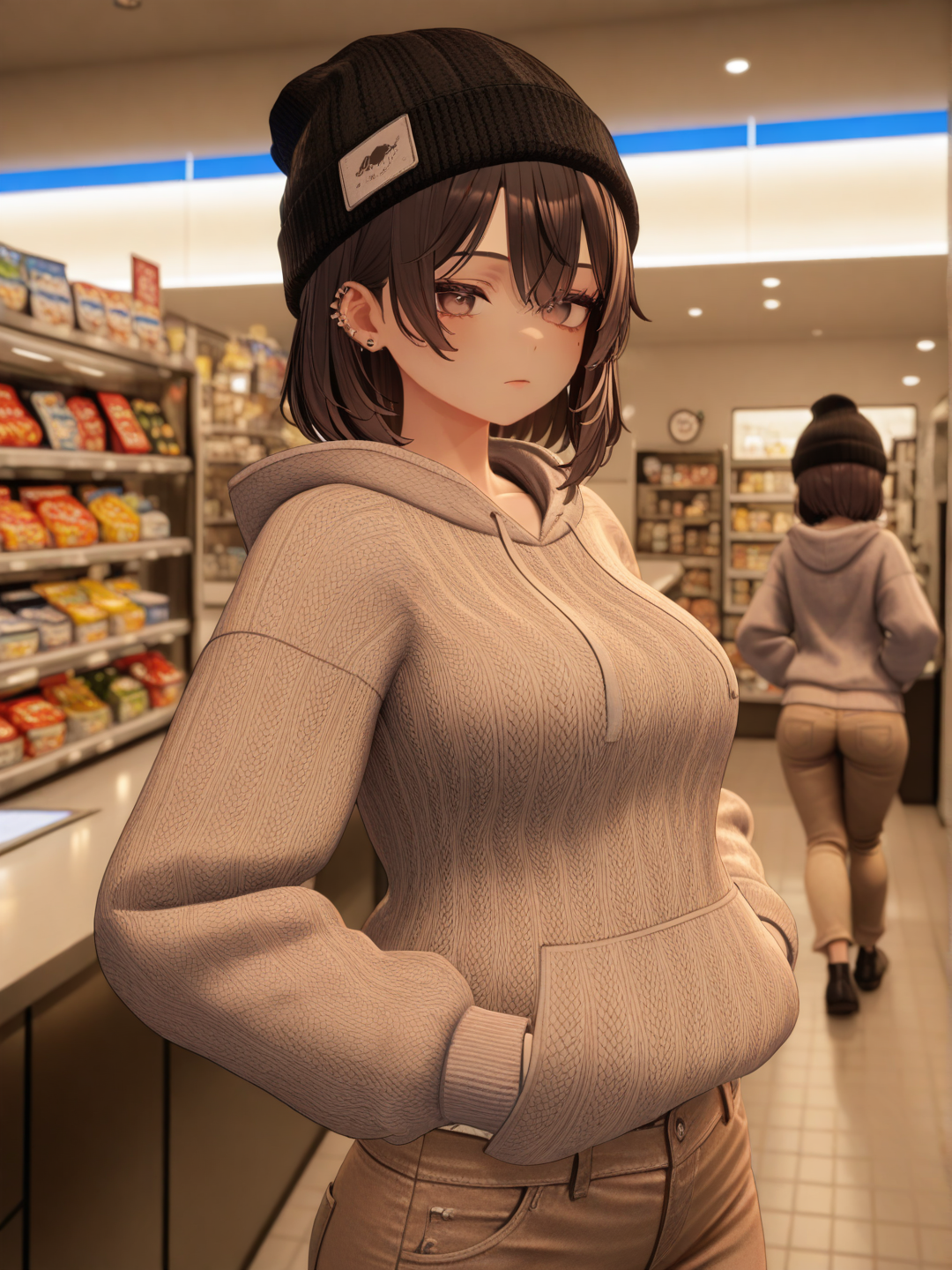1girl, hands in pockets, expressionless, hoodie, jeans, studs, knit hat, khaki, headshot, upper body, depth of field, ambient light, cinematic lighting, convenience store, [3d-anime-style]