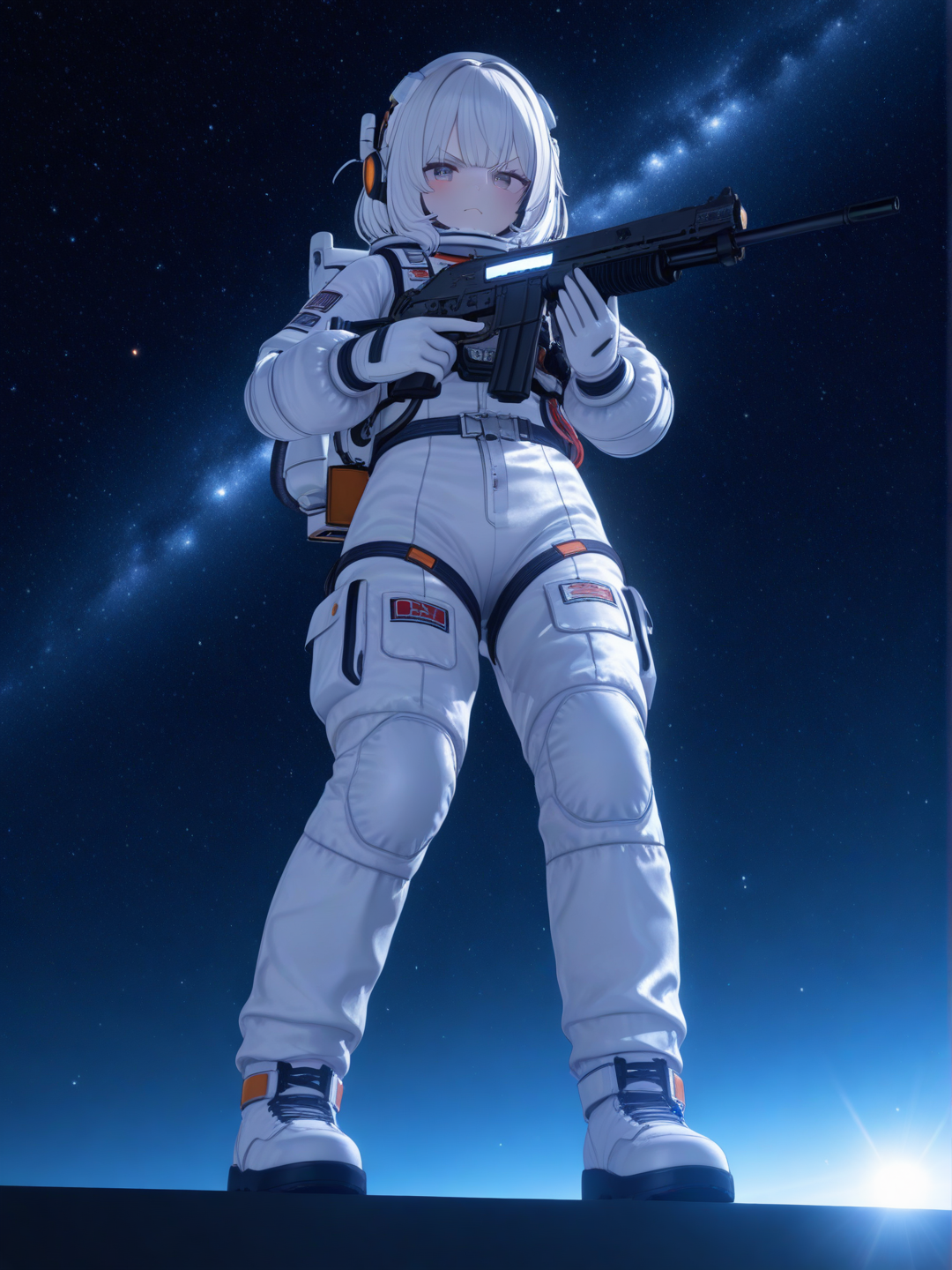 1girl, holding gun, angry, spacesuit, lace, straight bangs, ivory white, full body, looking at viewer, from below, depth of field, ambient light, cinematic lighting, espacio, [3d-anime-style]