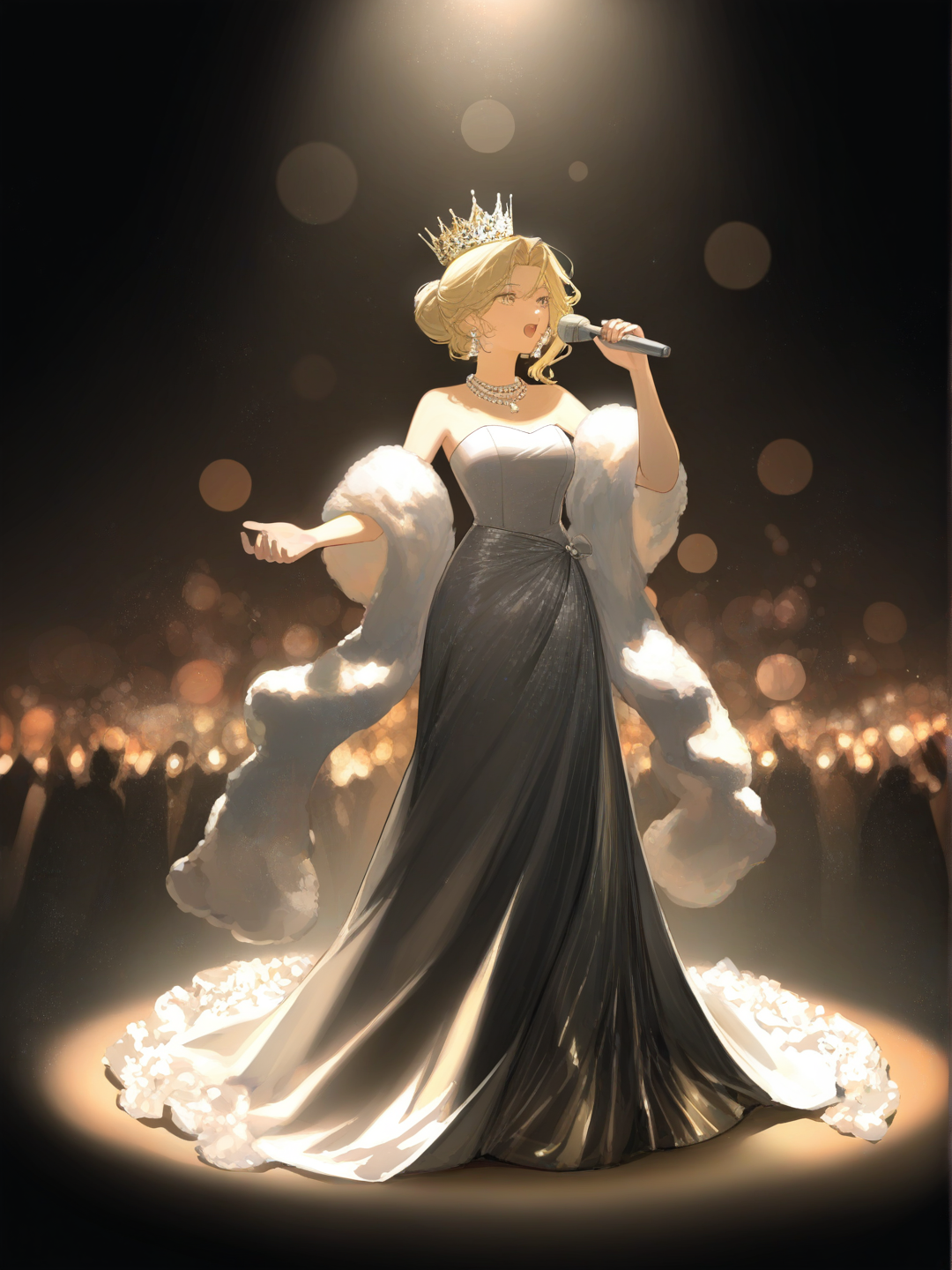 1girl, singing, evening dress, bun, plastic, crown, necklace, earrings, jewelry, diamonds, pearls, full body, depth of field, ambient light, cinematic lighting, stage, [moody-glow-style]