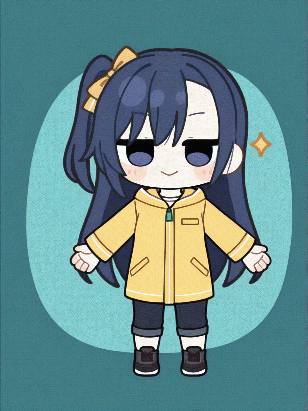 1girl, dancing, blush, raincoat, side part, khaki, portrait, [flat-chibi-style]