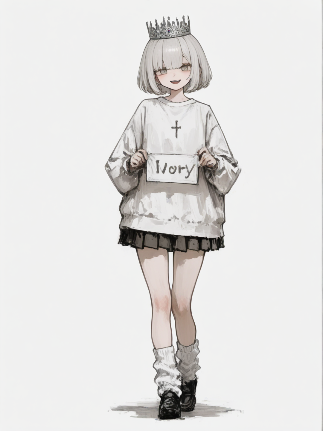 1girl, holding sign, smile, henley shirt, pleated skirt, plastic, crown, bob cut, ivory white, full body, white background, [sweet-painting-style]