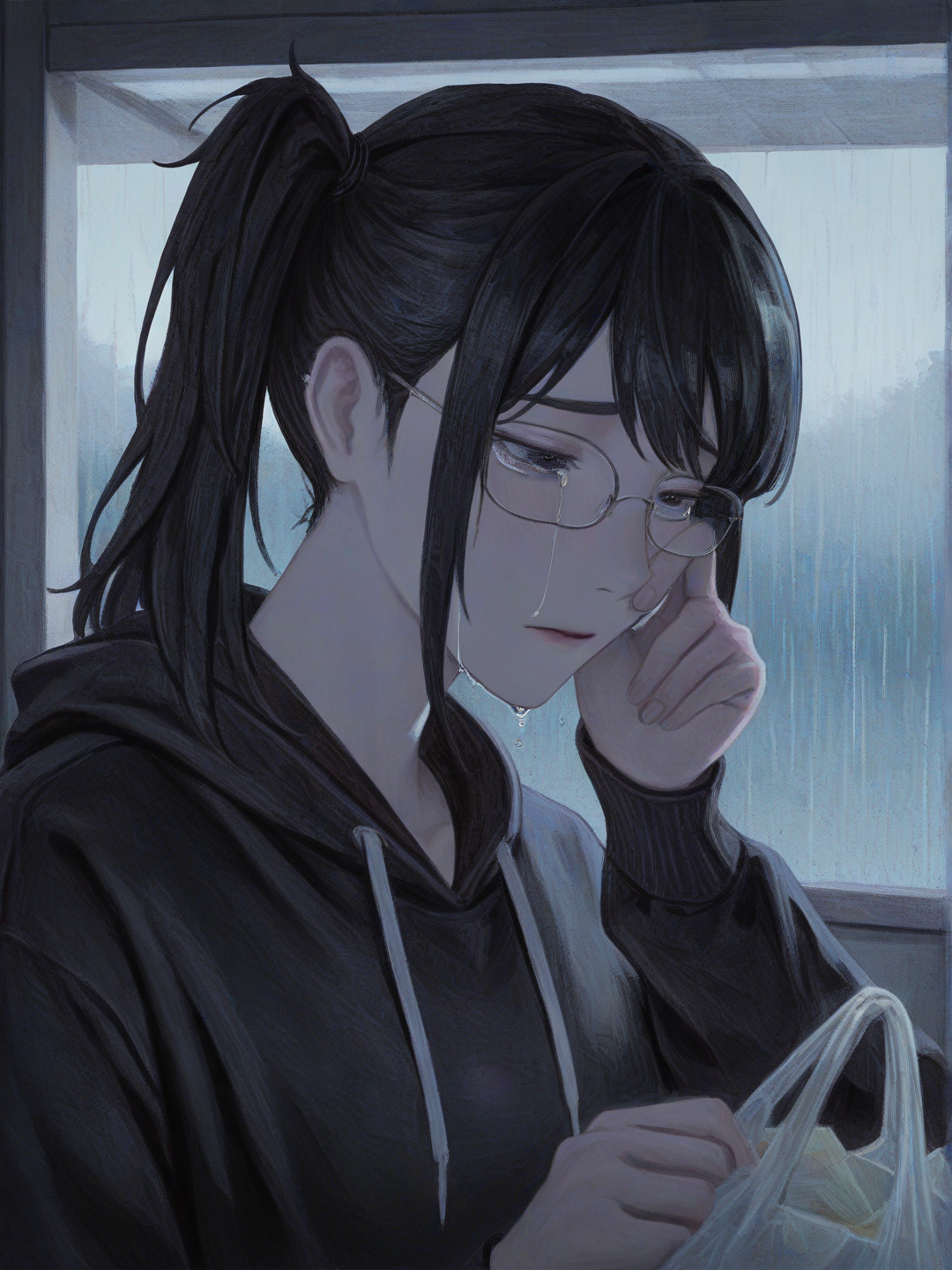 1girl, wiping tears, crying, hoodie, casual pants, plastic, side ponytail, charcoal black, glasses, headshot, ambient light, cinematic lighting, bus stop, [gothic-oil-painting-style]