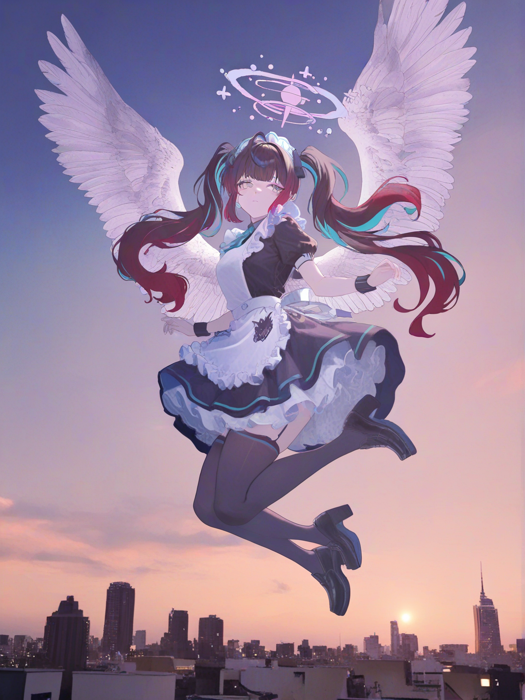 1girl, jumping from rooftop, expressionless, apron, plastic, angle wings, twin tails, burgundy, full body, looking away, depth of field, from below, ambient light, cinematic lighting, twilight, skyscraper, [watercolor-illustration-style]