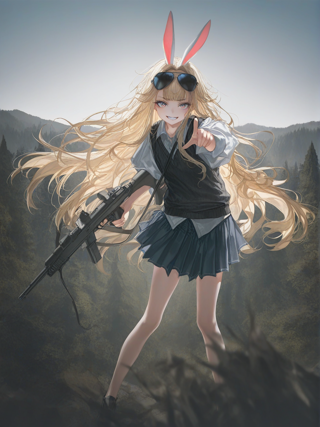 1girl, pointing at viewer, holding gun, evil smile, angry, school vest, denim skirt, plastic, rabbit ears, aviator sunglasses, blonde hair, full body, depth of field, ambient light, cinematic lighting, day, forest, [soft-light-illustration-style]
