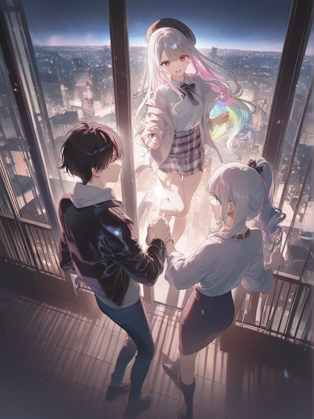 2girls, high five, back to back, school uniform, plastic, side ponytail, double buns, 1boy, 1girl, 2people, holding hands, leather jacket, hoodie, jeans, pencil skirt, studs, scarf, earrings, beret, bracelet, knee-high socks, bald, fluffy curls, charcoal black, ivory white, navy blue, neon green, full body, looking away, depth of field, ambient light, city lights, cinematic lighting, day, library, [iridescent-style]