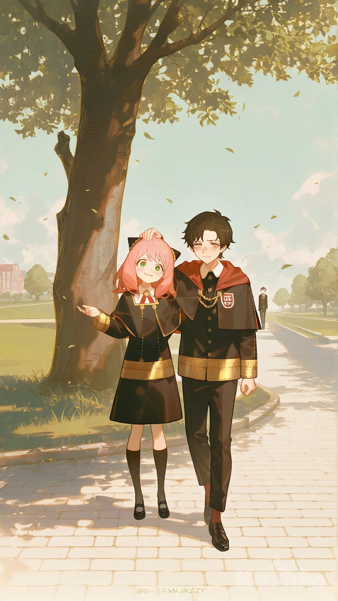 [dazzling-illustration-style], @Anya_(Spy_X_Family), @Damian_Desmond, anya's hand on damian's head, Damian shocked, damian embarrased, goated smirk anya, full body both, background in spy x family school, brick floor, tree left side in background, anya closer to viewer than Damian, Damian diagonally above anya.